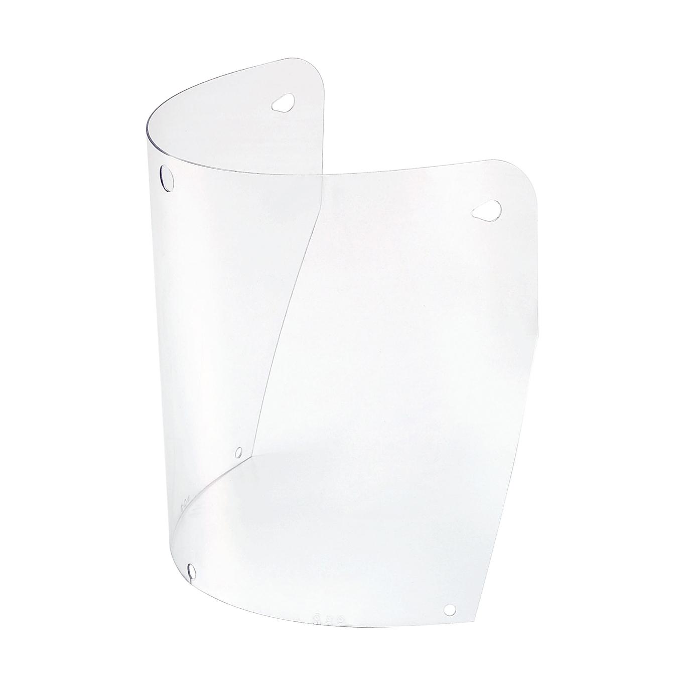 PC-Visier für Clear Protection mit transparenter, gebogener Kunststoffscheibe, weißen Befestigungsfäden und Lochungen zur Helm-Montage.