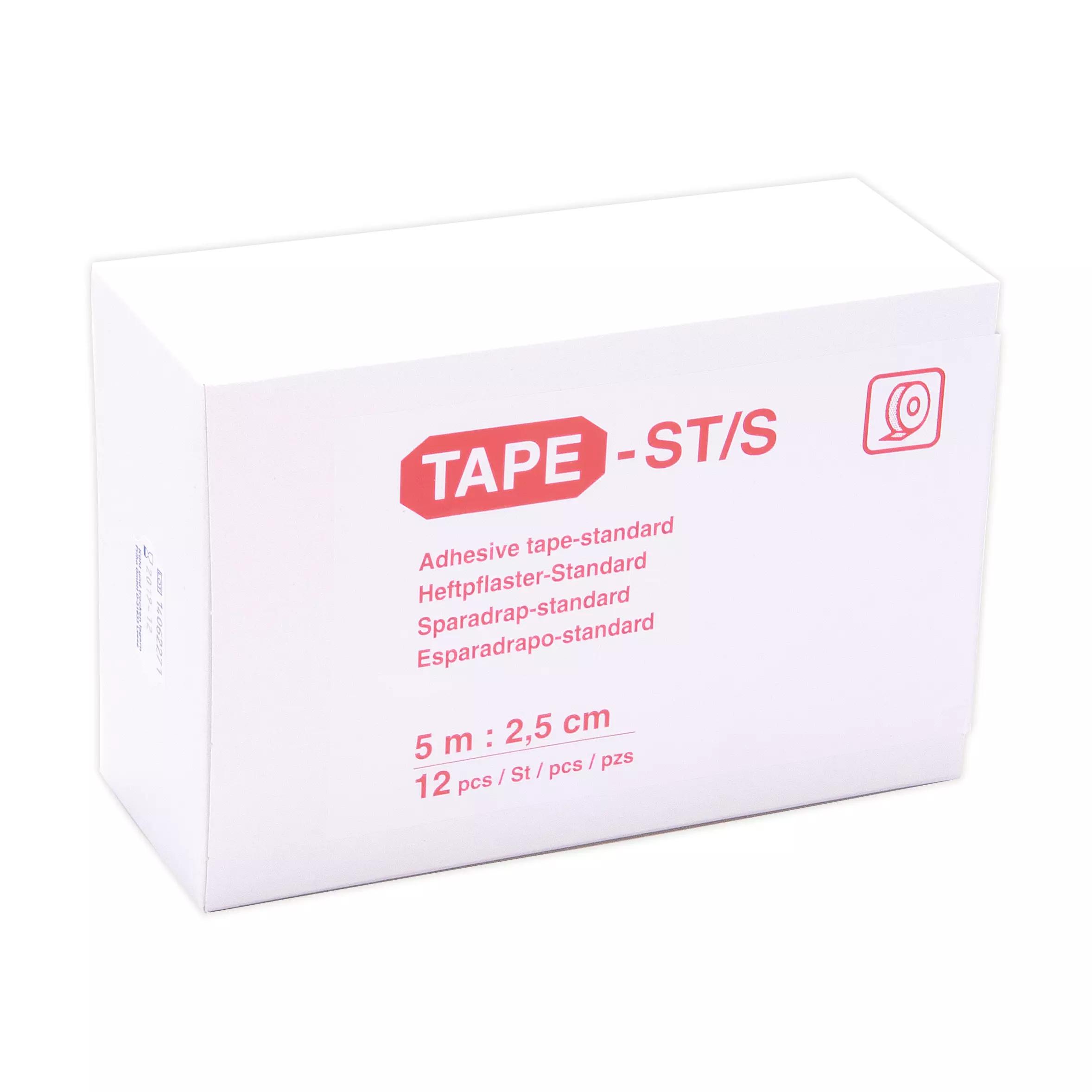 Eine Packung Micaplast-Spulenpflaster, starr, 12 Stk, steht aufrecht, zeigt Maße 5 m x 2,5 cm und rote Streifen am Klebeband.