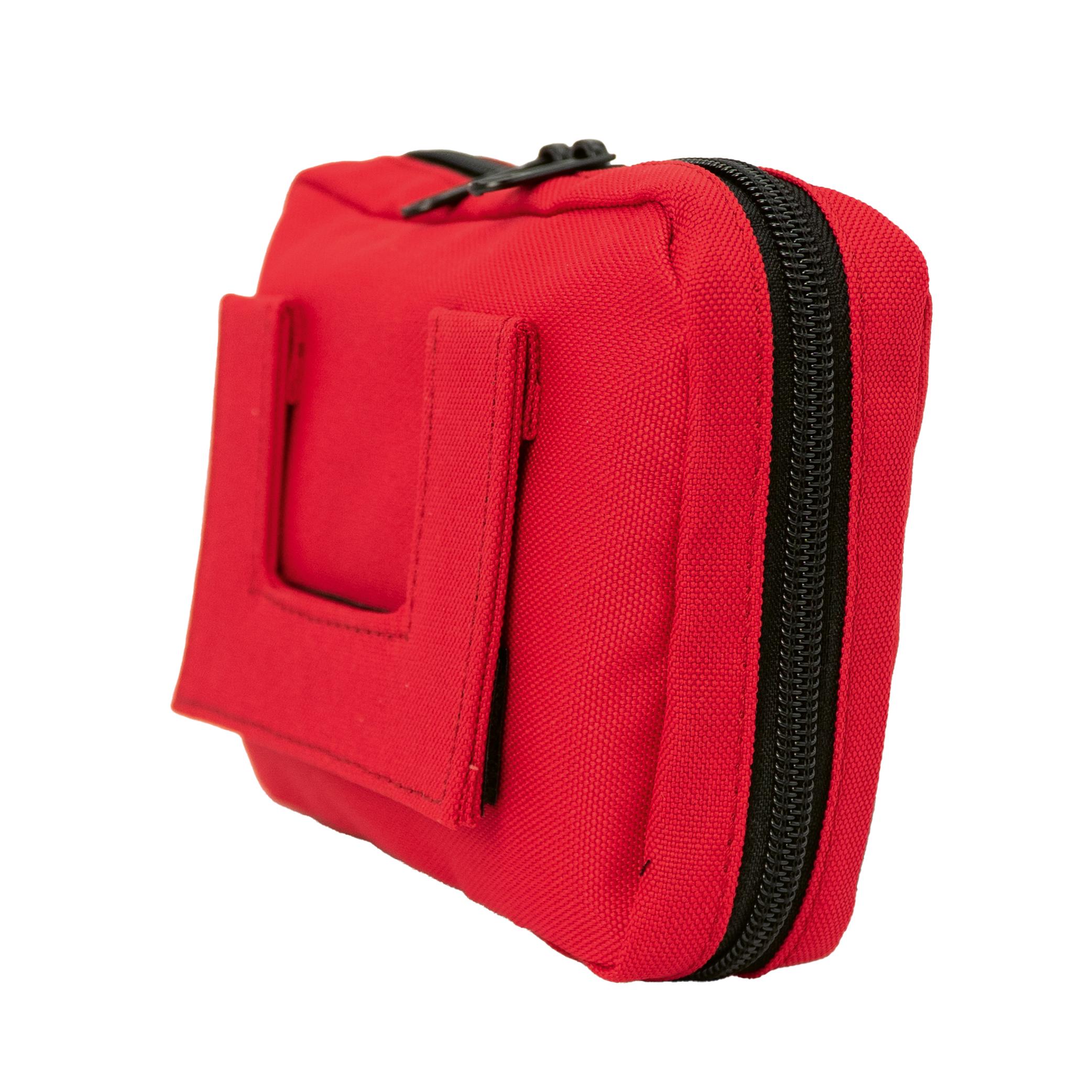 Rote WERO Erste Hilfe Tasche - klein aus Nylon 600D mit Tragegriff, schwarzem Reißverschluss und praktischer Gürtelschlaufe.