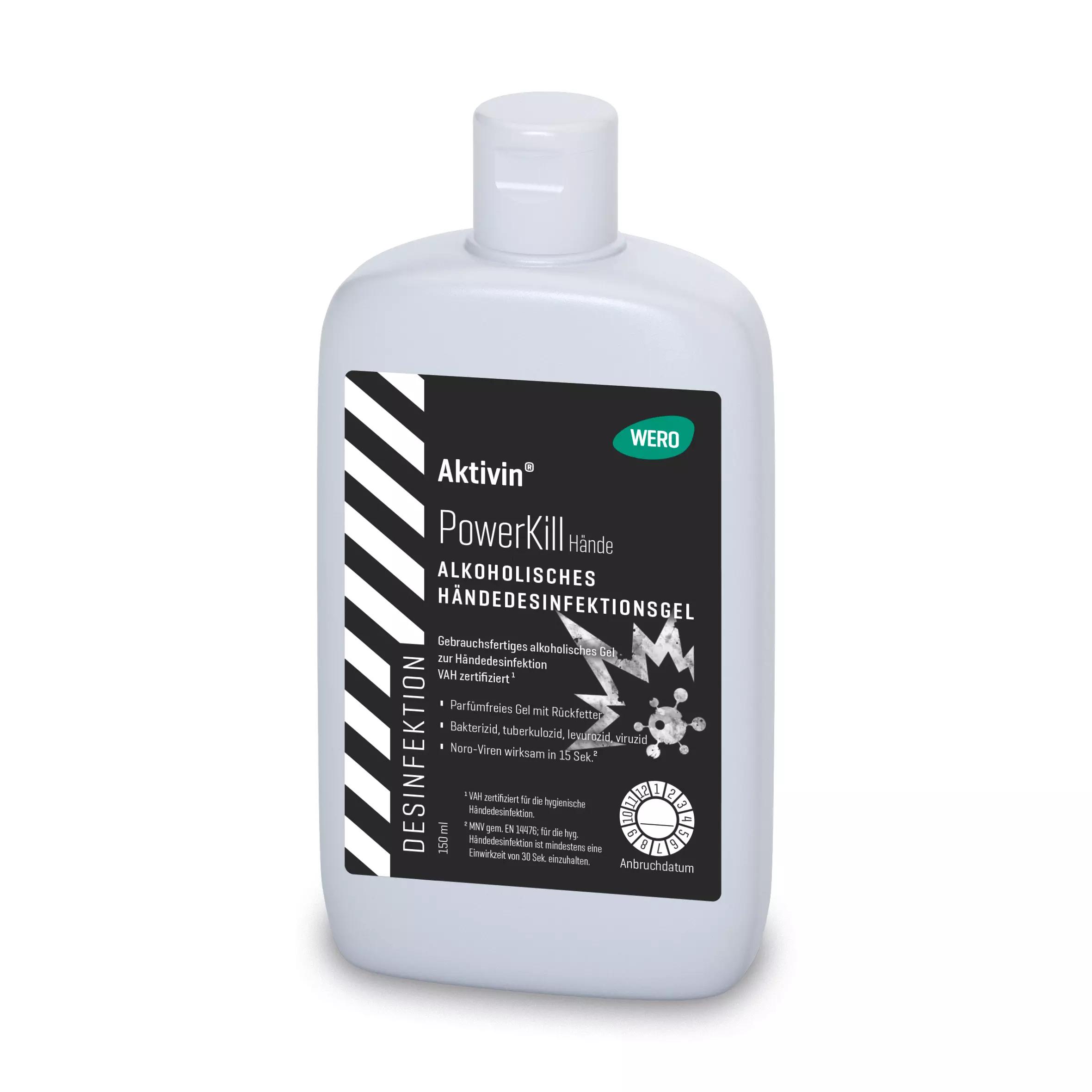 Händedesinfektionsgel Aktivin® PowerKill - Kittelflasche, 150 ml mit weißem Deckel und schwarzem Etikett, als gebrauchsfertiges Gel zur Händehygiene.