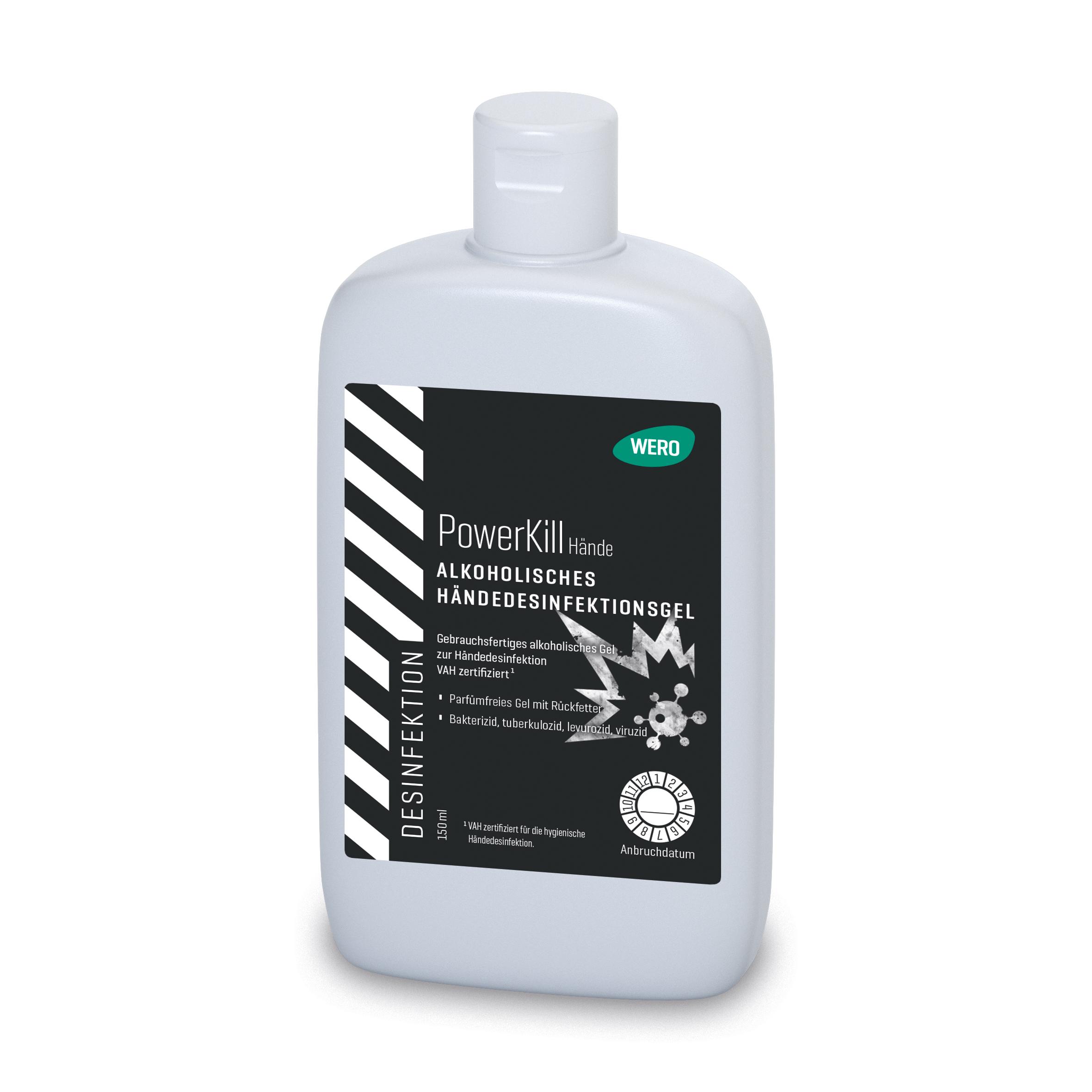 Händedesinfektionsgel Aktivin® PowerKill - Kittelflasche, 150 ml mit weißem Deckel und schwarzem Etikett, als gebrauchsfertiges Gel zur Händehygiene.