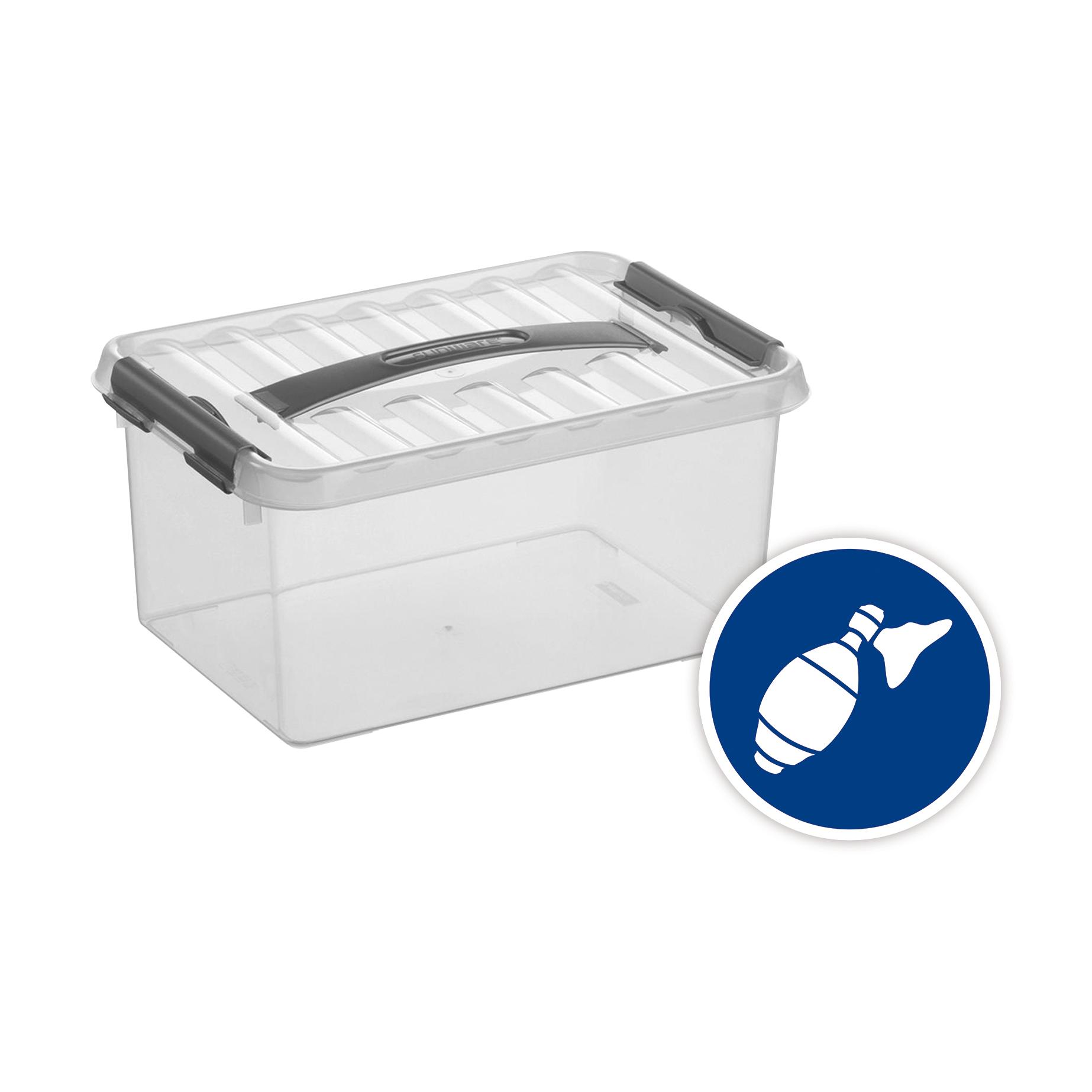 Rechteckige Aufbewahrungsbox für Beatmungsbeutel mit grauem Griff, geriffeltem Deckel und Symbolaufkleber mit Luftpumpen-Icon.