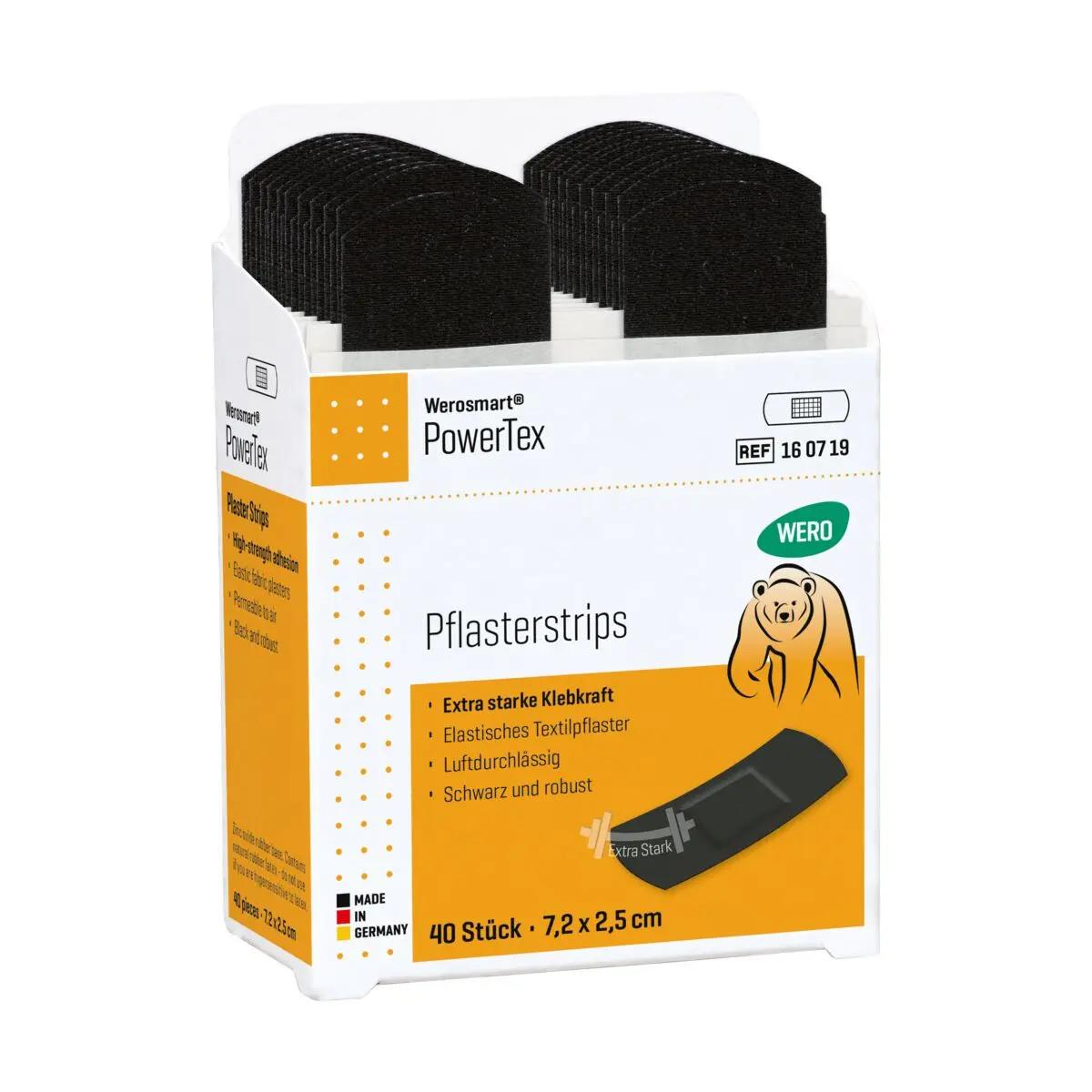 Eine Verpackung Werosmart® PowerTex Pflasterspender-Einsätze Pflasterstrips mit sichtbarer Pflasterabbildung, farbigen Markierungen und Piktogramm.