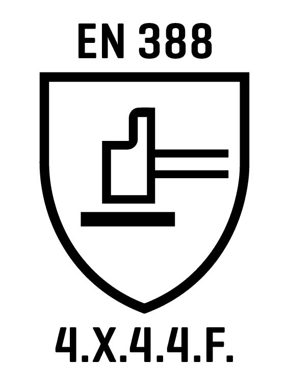 Schwarzes Hammer-Symbol auf weißem, schildförmigem Icon mit schwarzem Rand, ruhend auf einem schwarzen Querbalken.