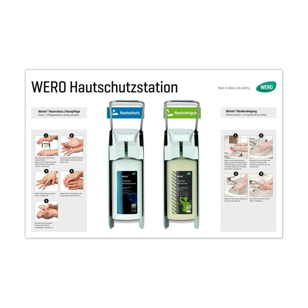 Poster mit zwei weißen WERO Hautschutzstation Handtrocknern, farblich markiert für Hautschutz und Hautreinigung, mit deutschsprachigen Anwendungshinweisen.