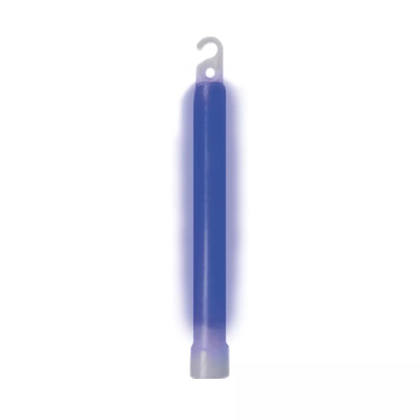 Ein aufrecht stehendes Mil-Tec® Knicklicht/Leuchtstab - Blau mit glatter Oberfläche und weißem Kunststoffclip zur Befestigung.