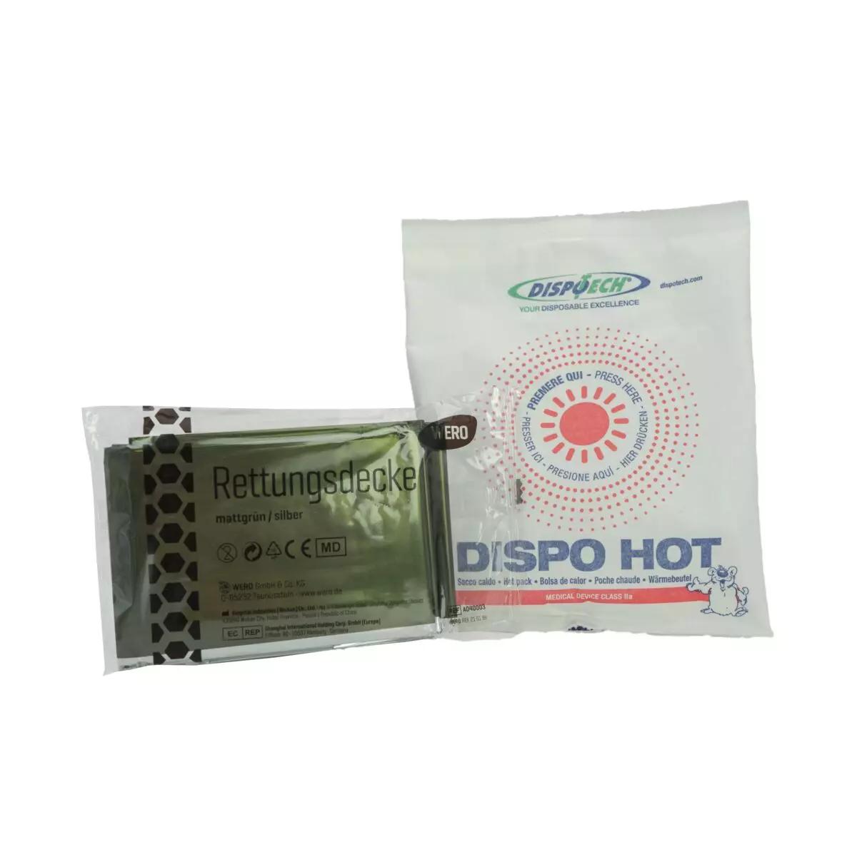 Zwei versiegelte Packungen des WERO MED-X® Hypothermie Bundle - Basic mit Rettungsdecke sowie Einweg-Hot-Pack zur Erstversorgung bei Unterkühlung.