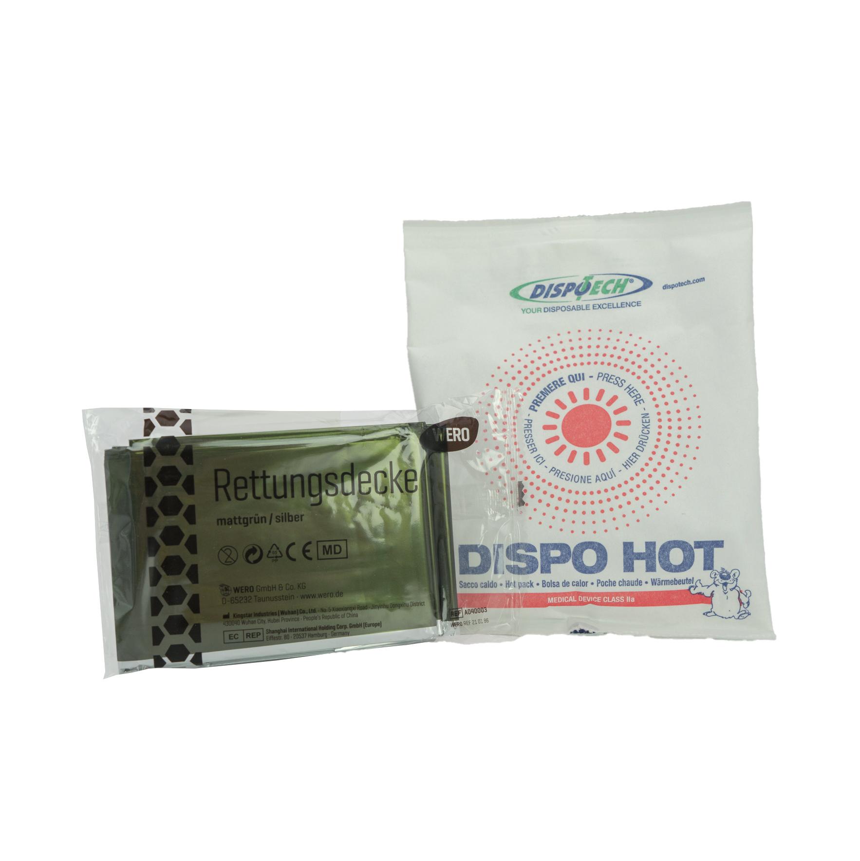 Zwei versiegelte Packungen des WERO MED-X® Hypothermie Bundle - Basic mit Rettungsdecke sowie Einweg-Hot-Pack zur Erstversorgung bei Unterkühlung.
