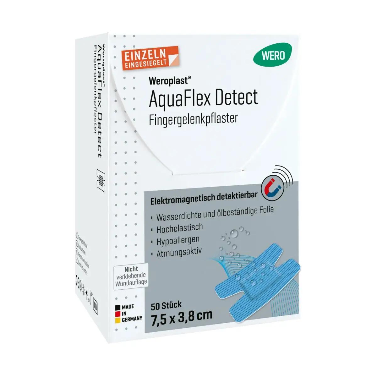 Weroplast AquaFlex Detect Fingergelenkpflaster, elektromagnetisch detektierbar, 50 Stück, 7,5 x 3,8 cm, Made in Germany.