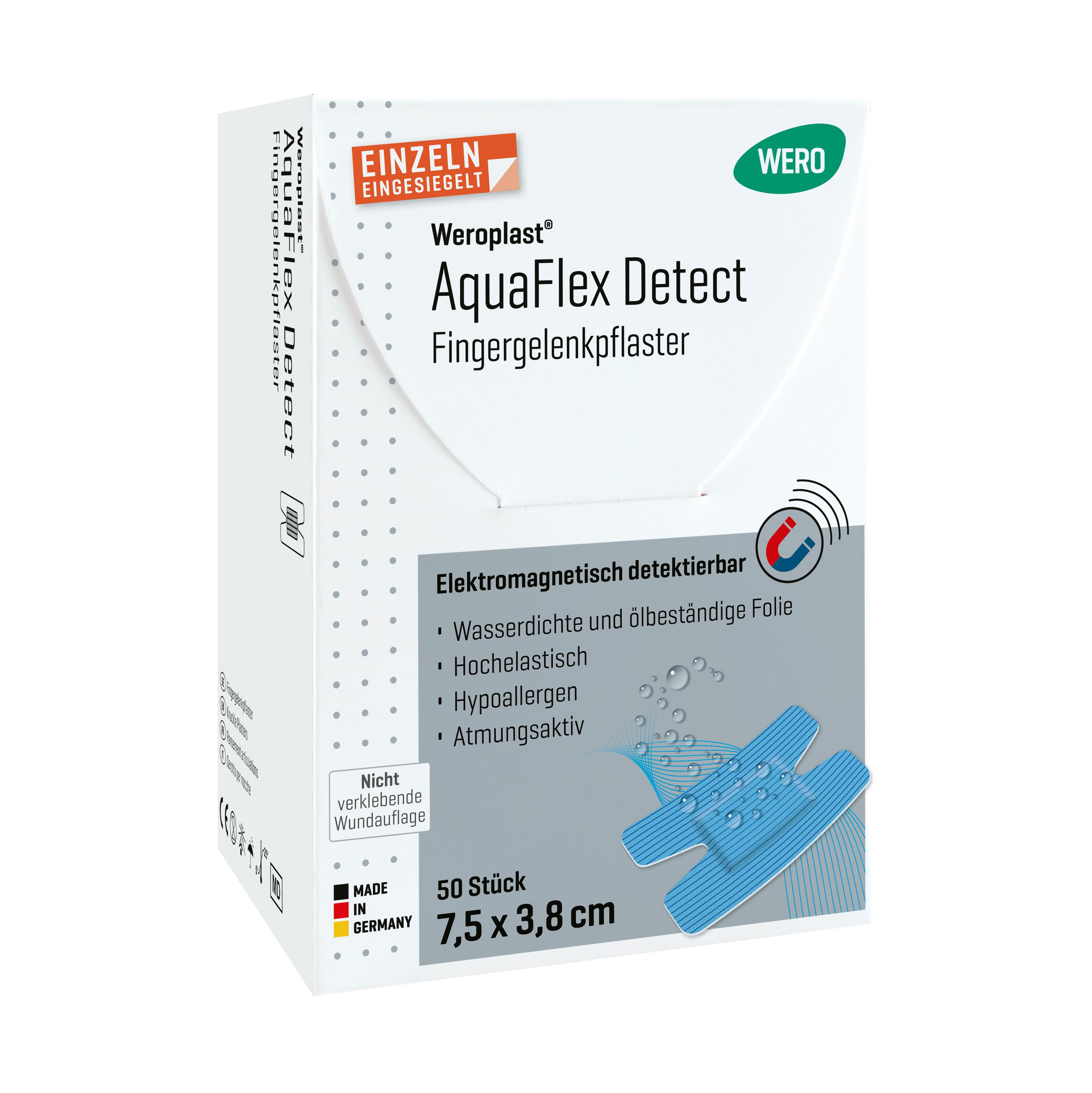 Weroplast AquaFlex Detect Fingergelenkpflaster, elektromagnetisch detektierbar, 50 Stück, 7,5 x 3,8 cm, Made in Germany.