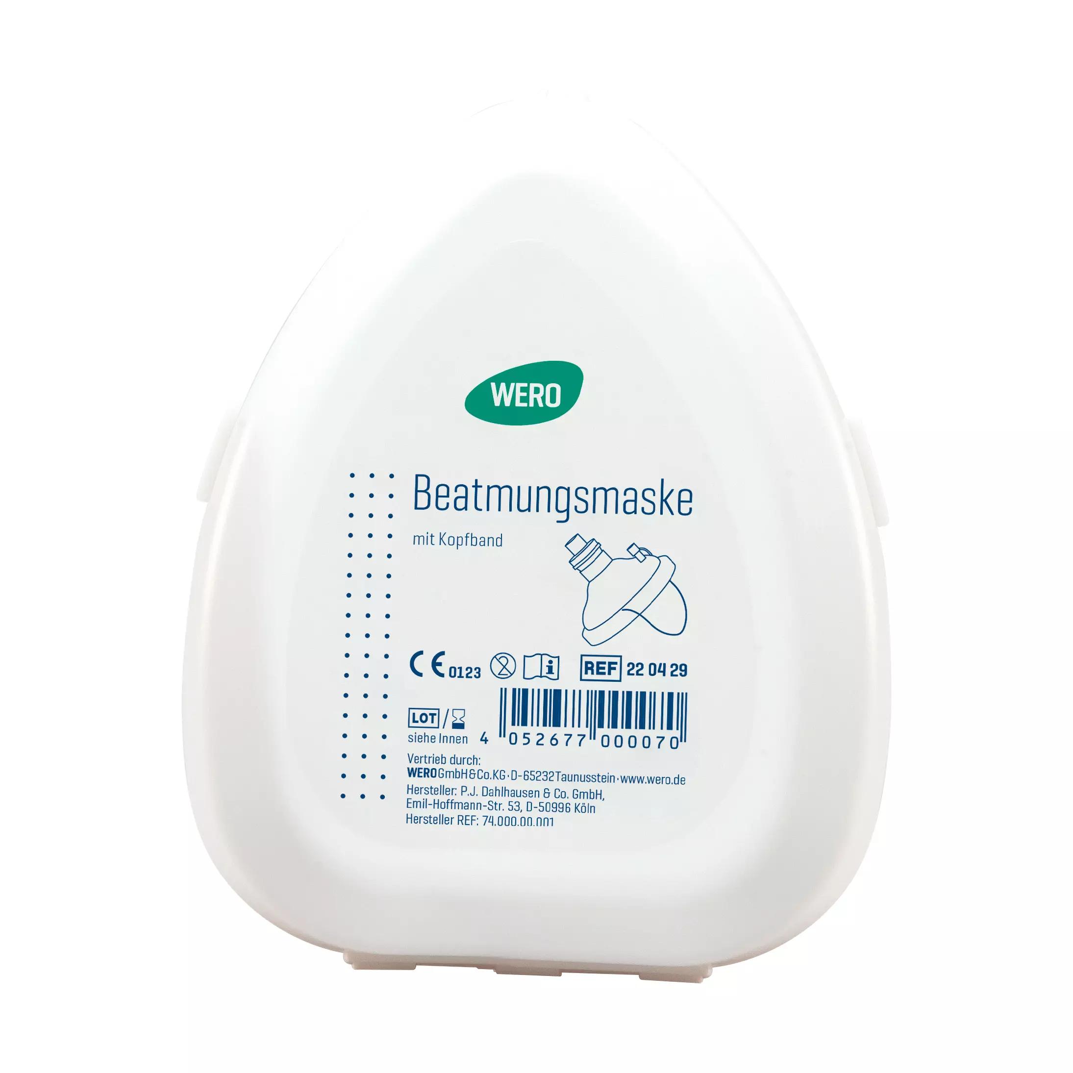 Weißer Kunststoffbehälter mit WERO-Logo und der Aufschrift „Beatmungsmaske mit Kopfband“, ausgestattet mit CE-Kennzeichnung.