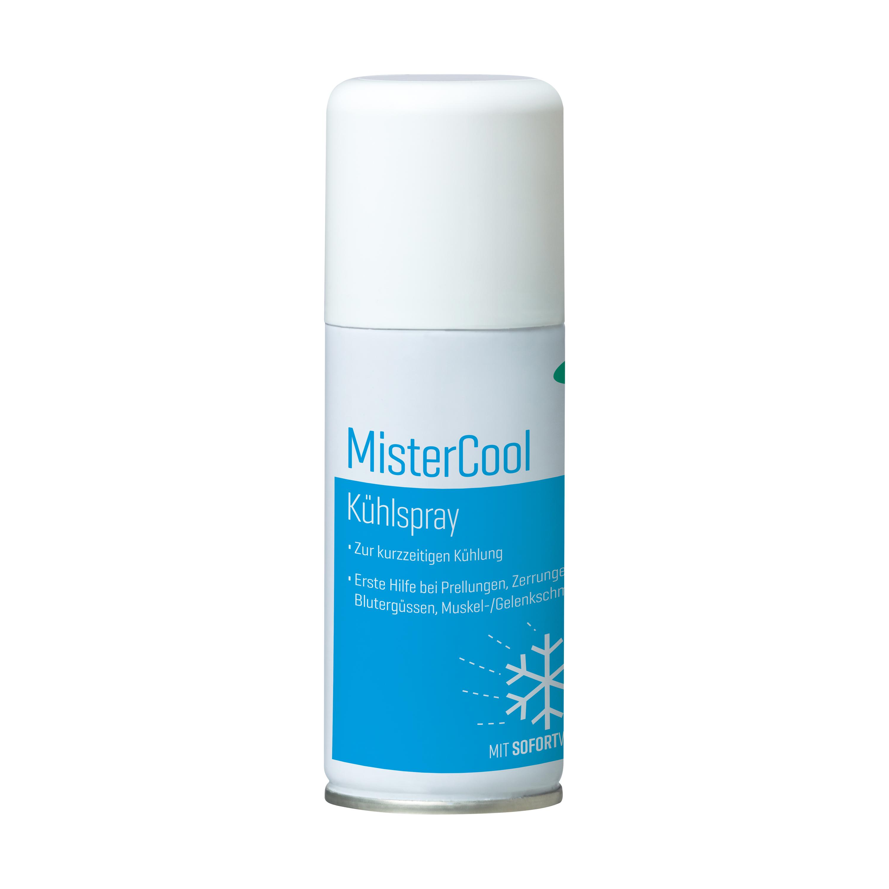 Eine weiße Sprühdose WERO MisterCool Kühlspray - 100 ml mit blauem Label, weißem Deckel und Schneeflockensymbol auf der Vorderseite.