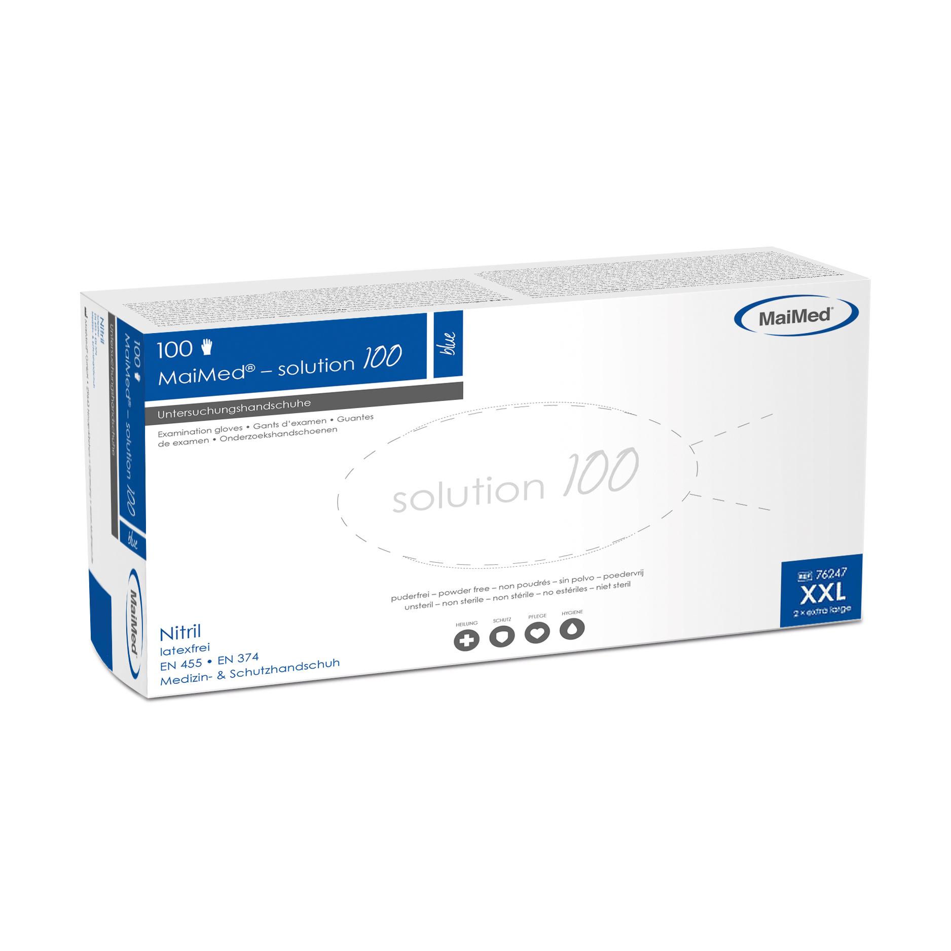 Weiße, verschlossene Box der Nitril-Einmalhandschuhe solution 100 blue, 100 Stk, blau, unsteril, puderfrei, mit texturierten Fingerspitzen, Größe XXL.