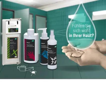 Diverse Gebinde von WERO Clean Produkten. In einem Wassertropfen steht die Frage "Fühlen Sie sich wohl in Ihrer Haut?"