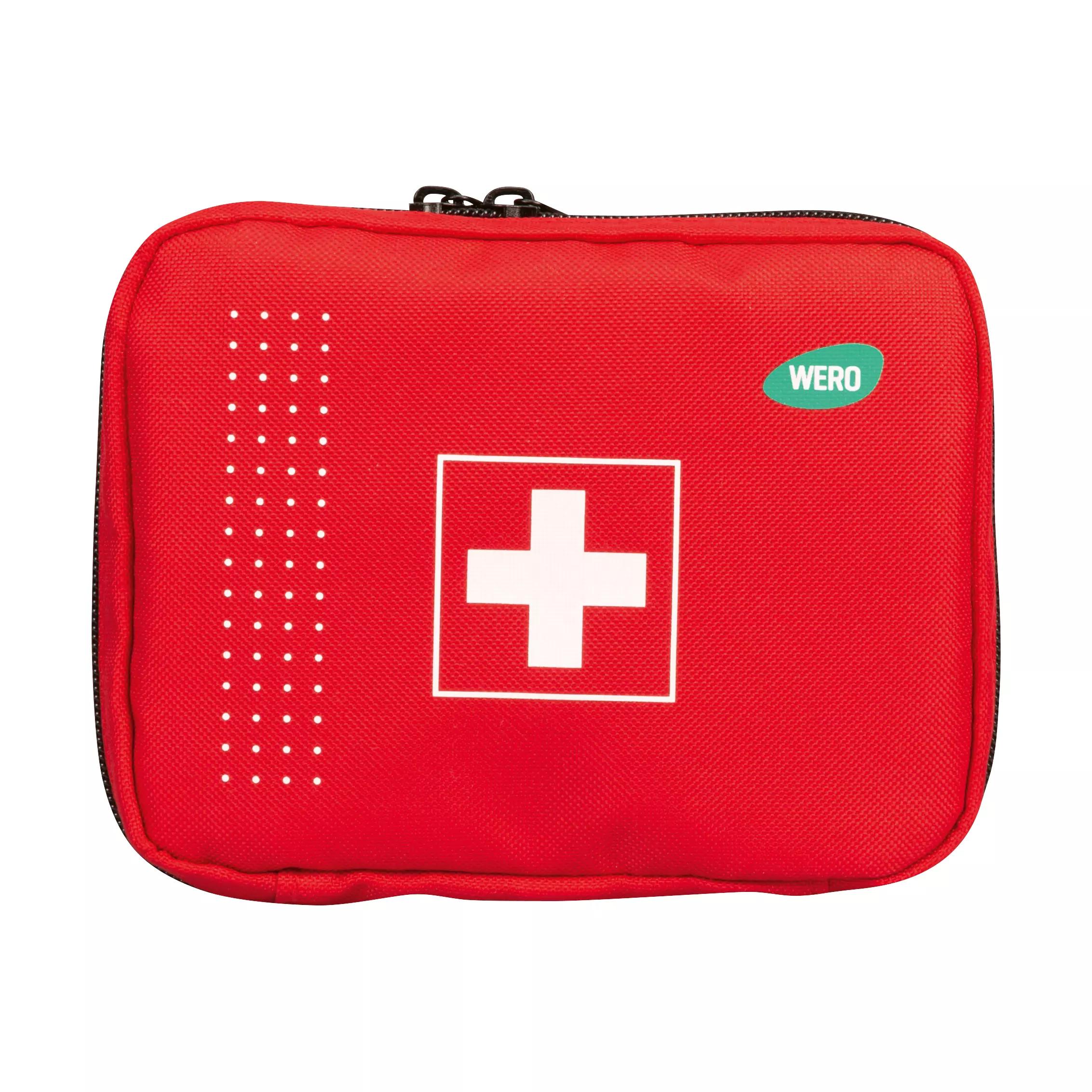 Rotes Erste-Hilfe-Set mit schwarzem Reißverschluss, weißem Kreuz und grünem "WERO"-Label auf der Vorderseite.