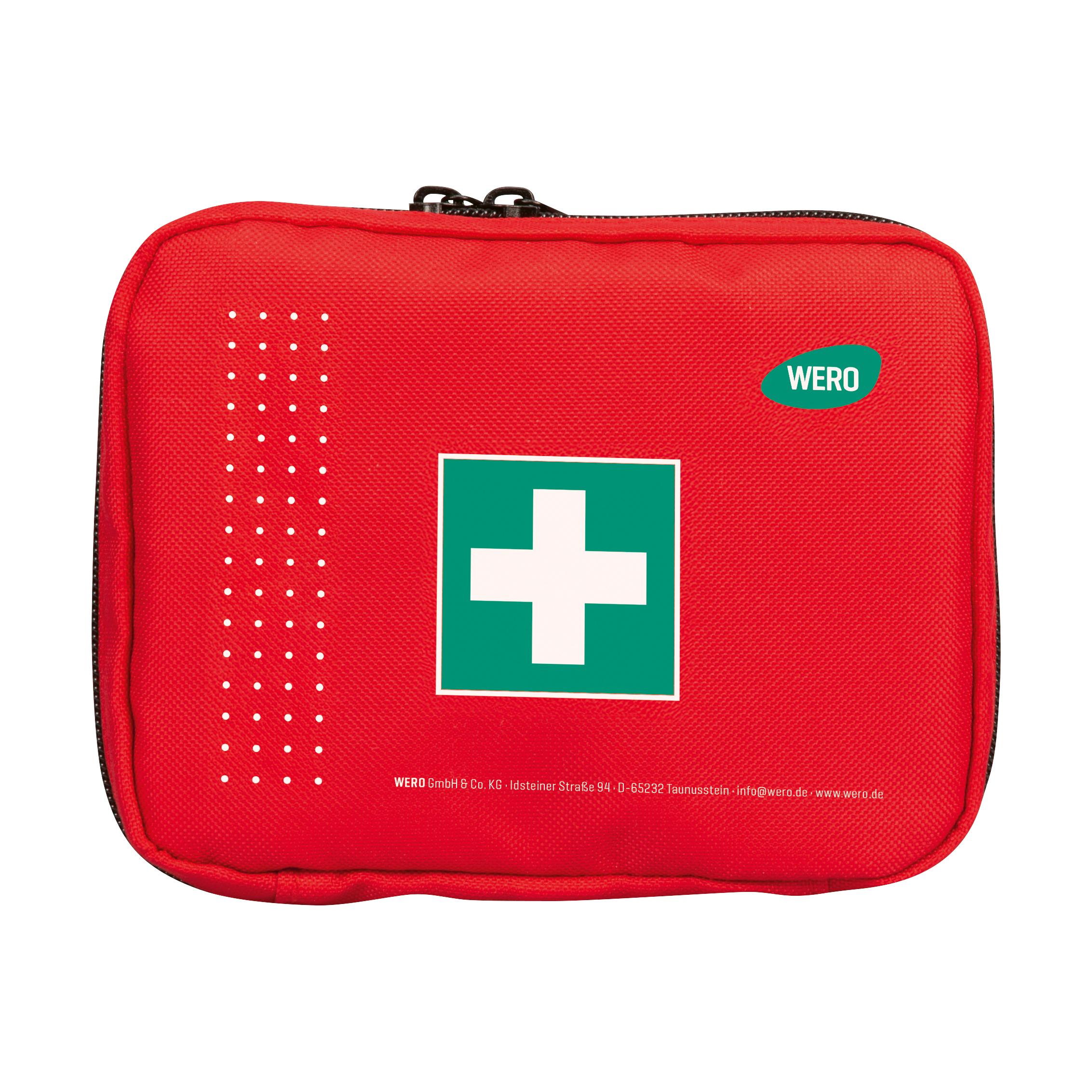 Rotes Erste-Hilfe-Set mit schwarzem Reißverschluss, weißem Kreuz und grünem "WERO"-Label auf der Vorderseite.