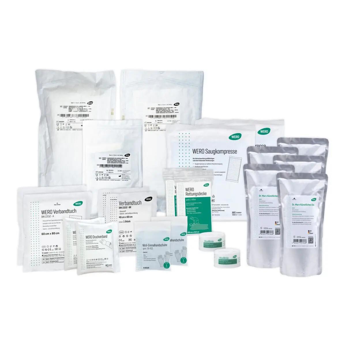 Mehrere sterile Pakete, Replantatbeutel und Fläschchen Dr. Marx Replantat-Set - Groß, Dr. Marx künstliches Eis für die Erstversorgung von Amputationsverletzungen.