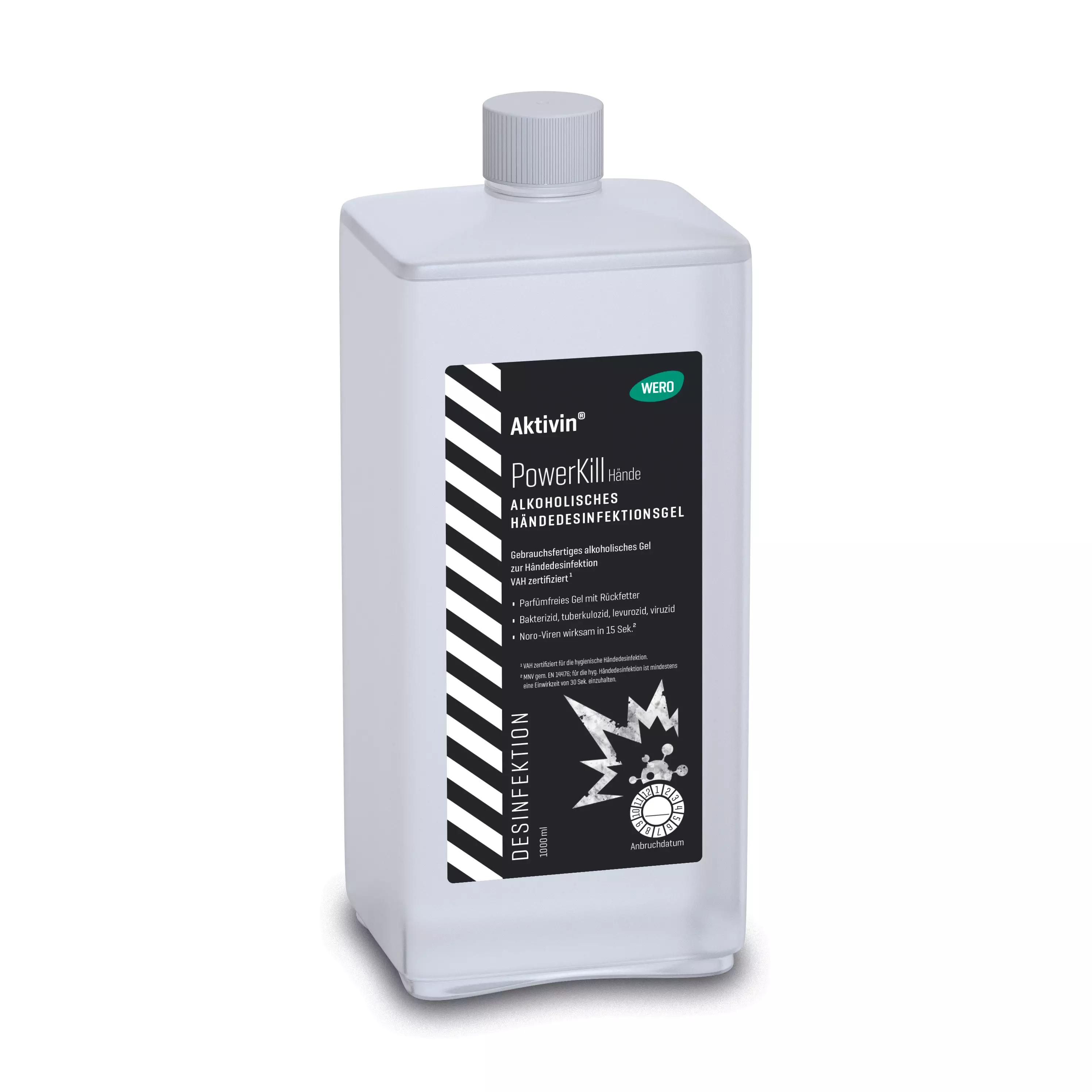 Rechteckige Flasche Händedesinfektionsgel Aktivin® PowerKill - Euroflasche, 1.000 ml mit schwarzem Etikett, weißem Deckel, 1.000 ml Volumen.