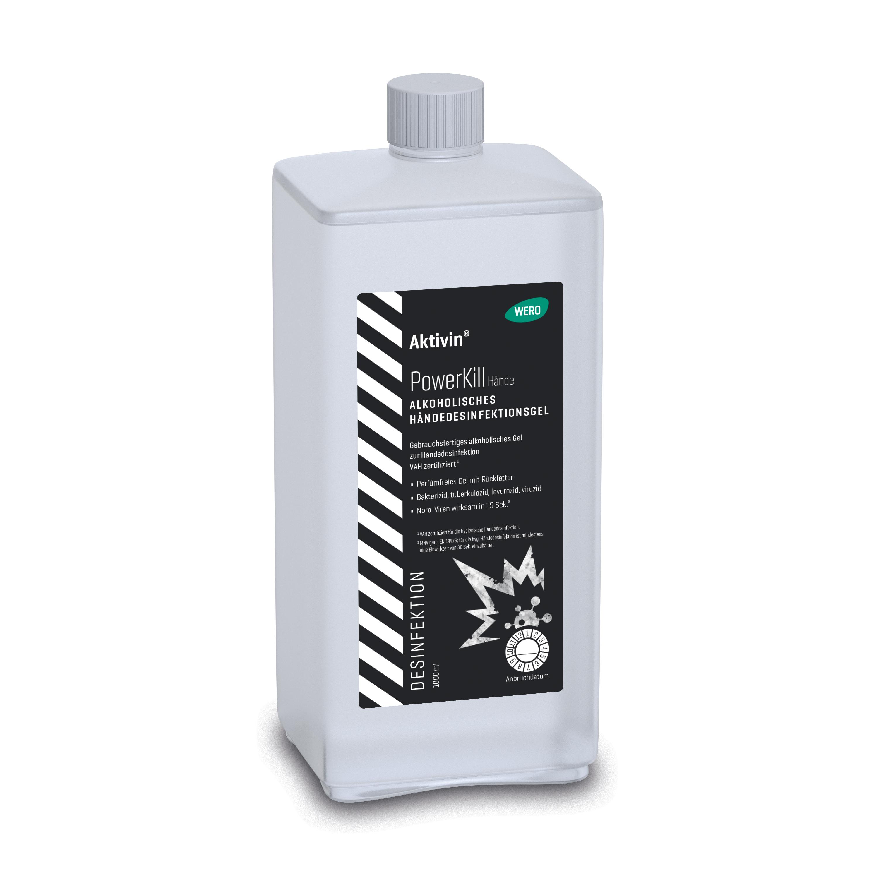 Rechteckige Flasche Händedesinfektionsgel Aktivin® PowerKill - Euroflasche, 1.000 ml mit schwarzem Etikett, weißem Deckel, 1.000 ml Volumen.