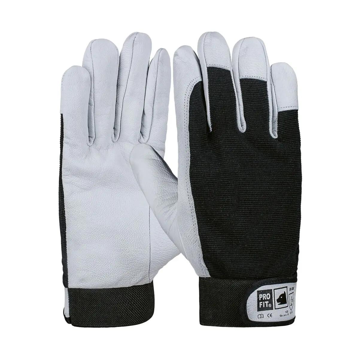 Zwei Hände tragen Mechanikerhandschuhe Nappaleder, 12 Paar - 9 mit grauer Nappaleder-Innenfläche, schwarzem Textilrücken und Klettverschluss am Handgelenk.