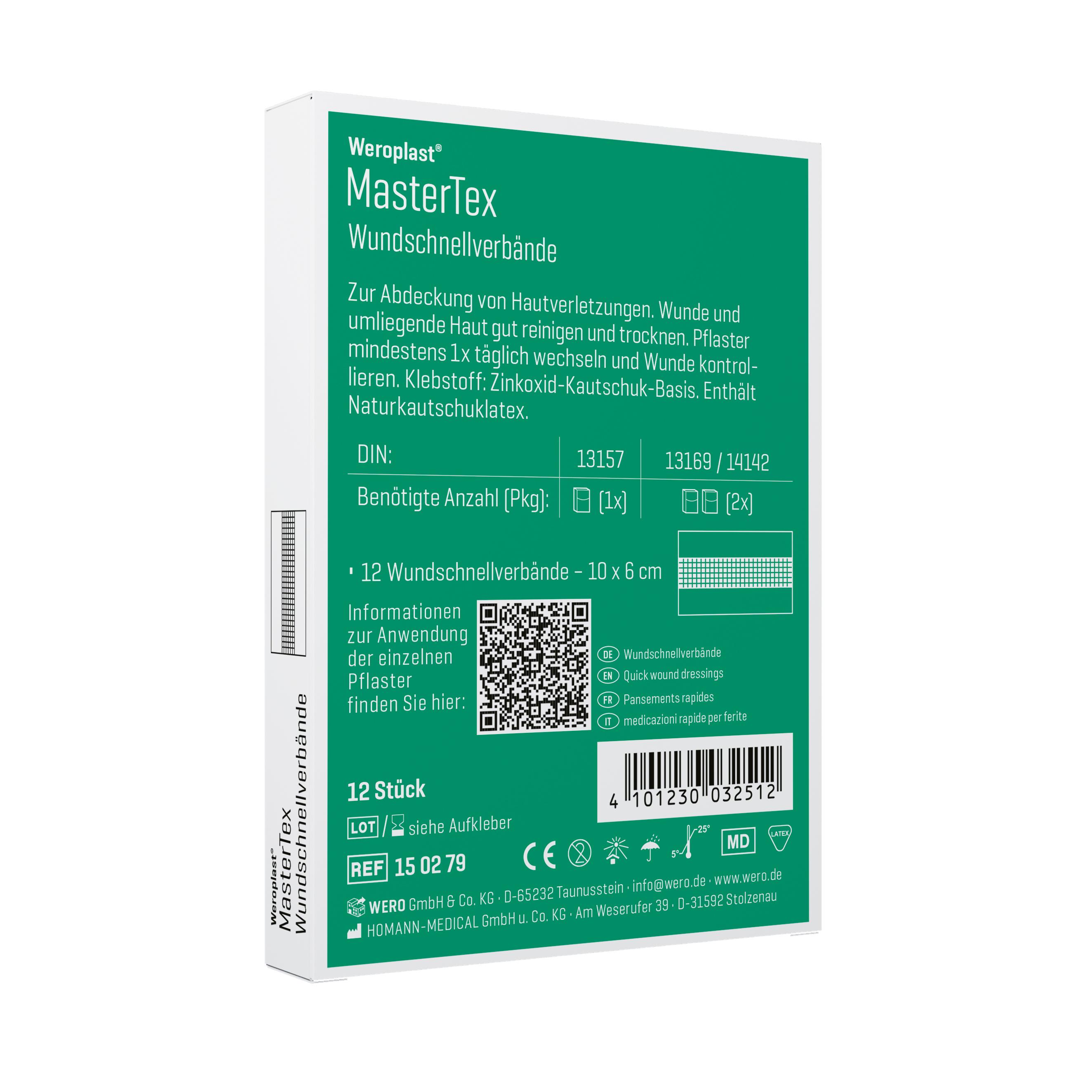 Das Foto zeigt die Rückseite einer grünen Weroplast® MasterTex Pflasterset - Wundschnellverbände DIN 13157 Box mit Produktinfos, Maße 10 x 6 cm und QR-Code.