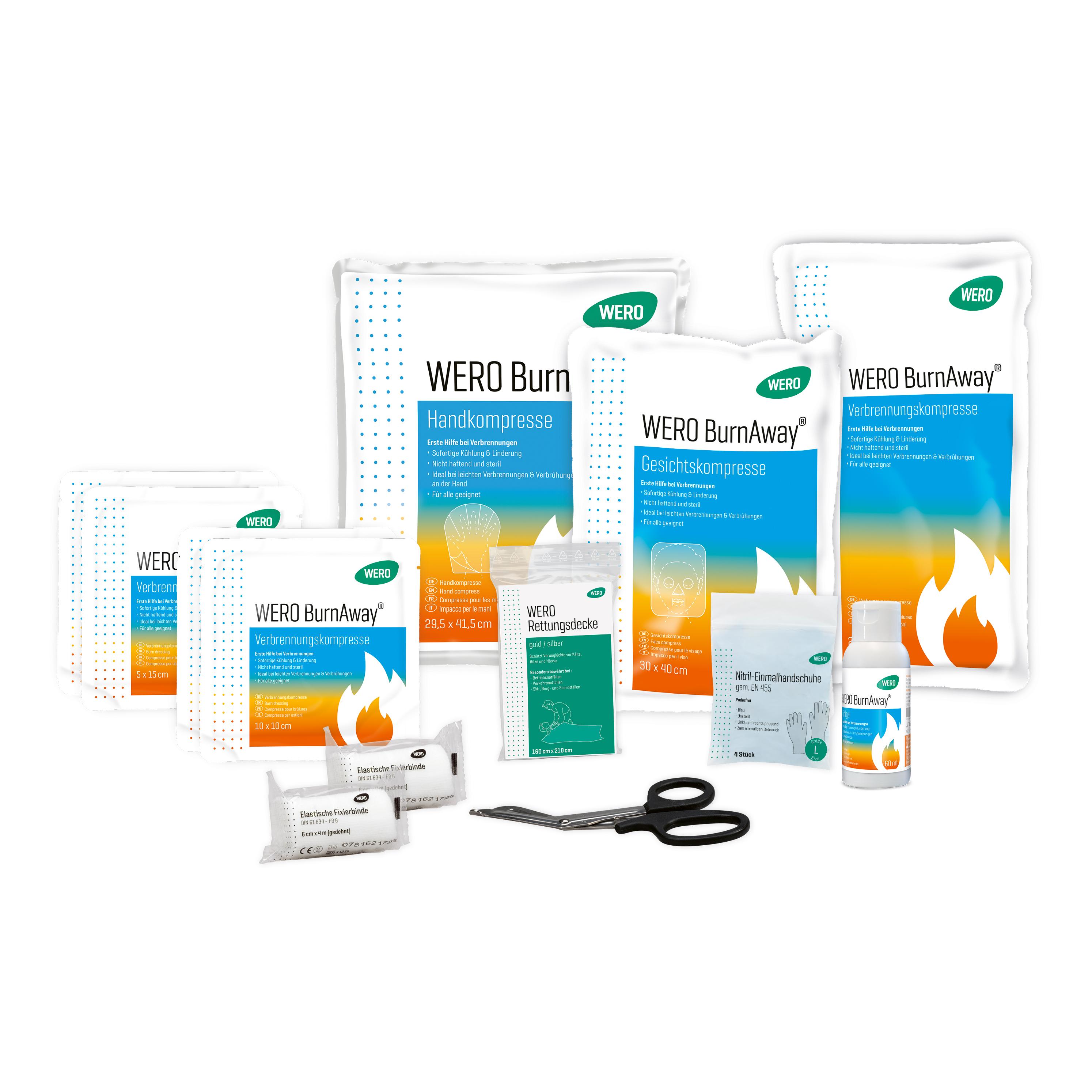 WERO Verbrennungs-Set, Allround - Koffer mit COOL JEL Gel, WATER-JEL Kompressen und Universalschere, übersichtlich angeordnet.