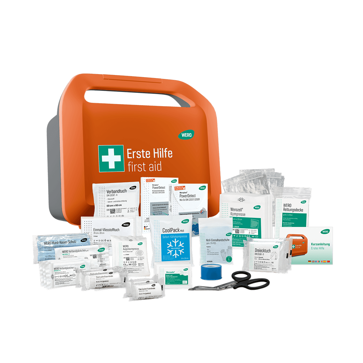 Ein orangefarbener WERO Smart Case® klein Erste-Hilfe-Koffer DIN 13157 mit MasterTex, PowerTex und blauen, detektierbaren PowerDetect Pflastern, Bandagen und Zubehör.