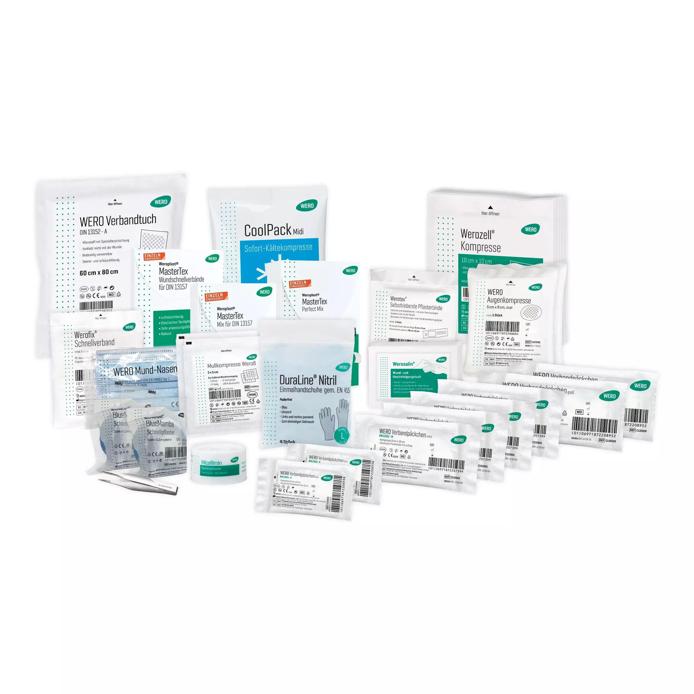 WERO Austausch-Set DIN 13157 Allround mit diversen steril verpackten Verbänden, Pflastern und medizinischen Einweg-Handschuhen.