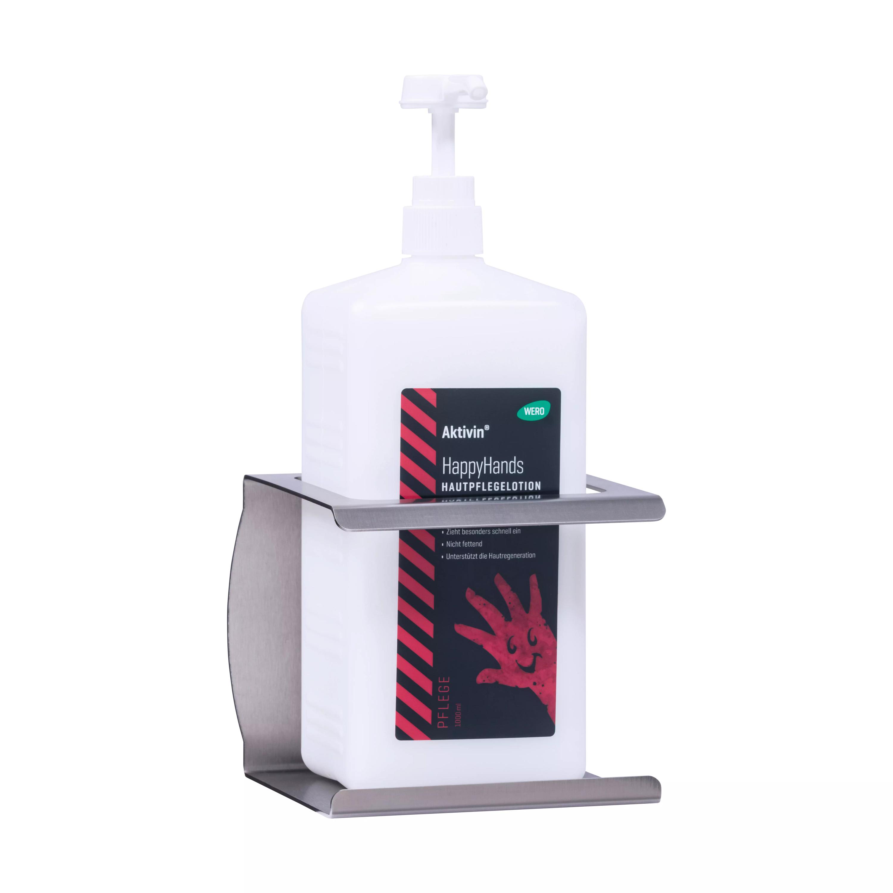Wandhalter für Euroflaschen - 2.500 ml aus Edelstahl mit flachem Deckel und Boden verwendet eine aufgesetzte Aktivin HappyHands Hautpflegelotion.