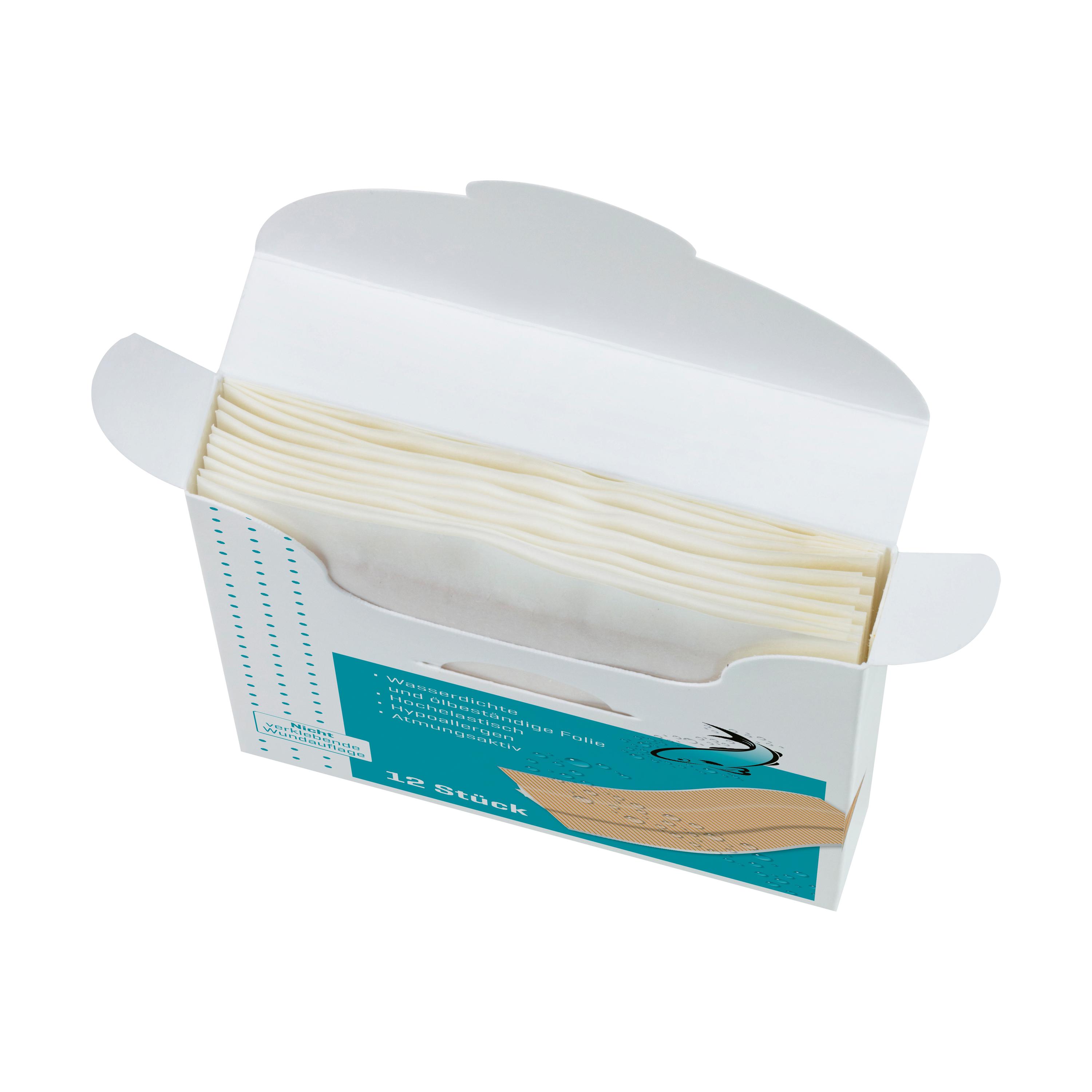 Offene Schachtel Weroplast® AquaFlex Pflaster - Wundschnellverbände DIN 13157 mit zwölf wasserdichten, flexiblen, beigen Einzelverpackungen.