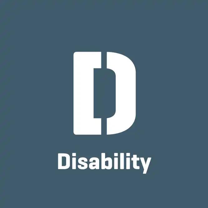 Disability Logo: Weißes D mit vertikalem Spalt, darunter Schriftzug Disability