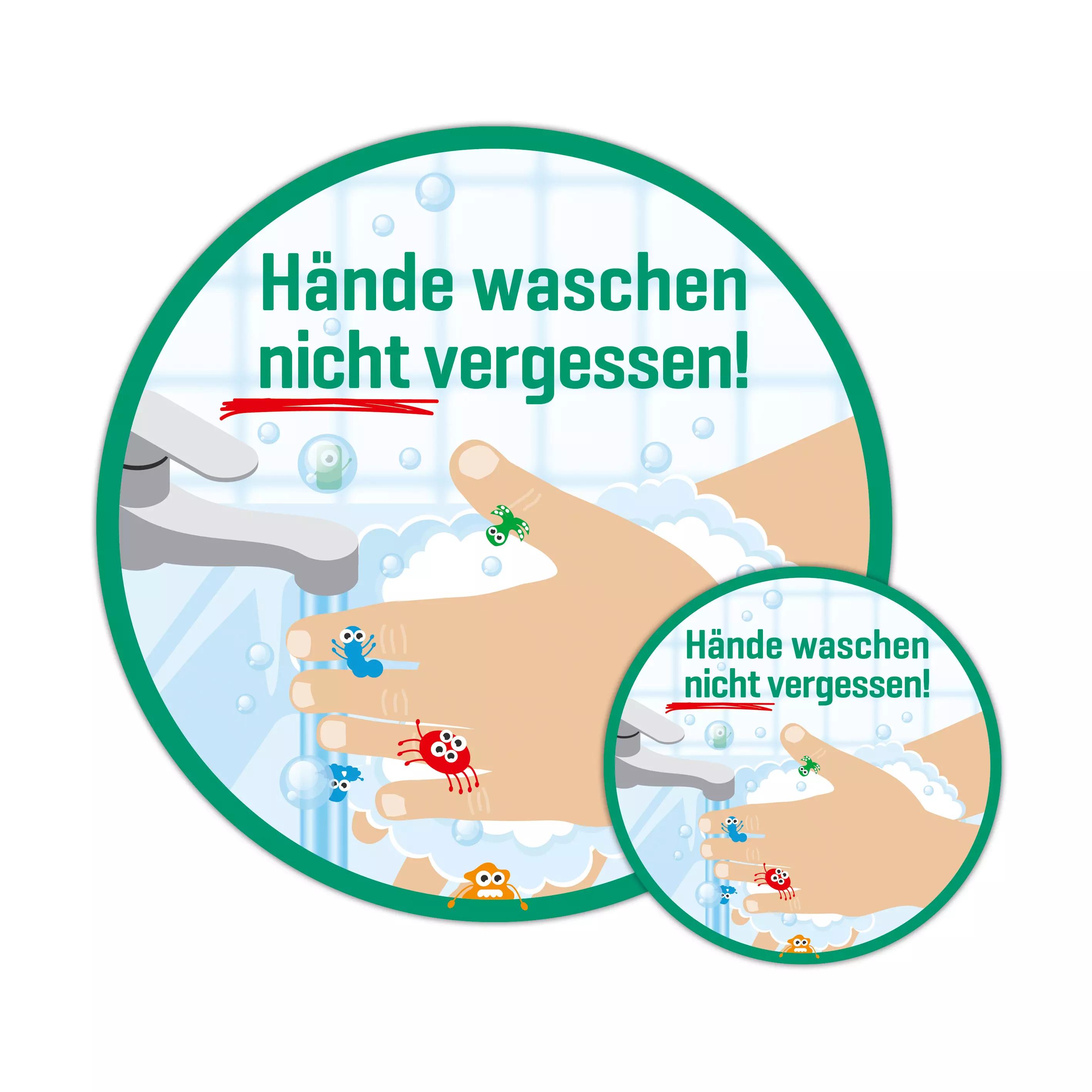 Zwei Aufkleber „Hände waschen nicht vergessen!“, 10 cm groß, zeigen Hände unter Wasserhahn mit Seife, Cartoon-Keimen und grünem Rand.
