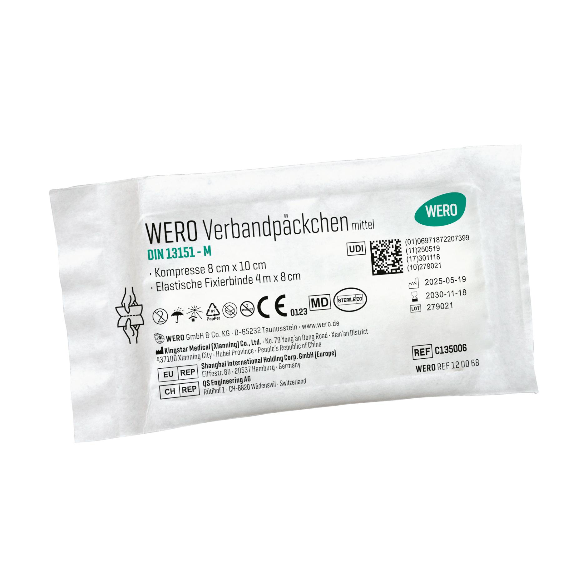 Steril verpacktes WERO Verbandpäckchen DIN 13151 M, Kompresse mit Spezialbeschichtung, kein Verkleben mit der Wunde, ohne Aluminium.