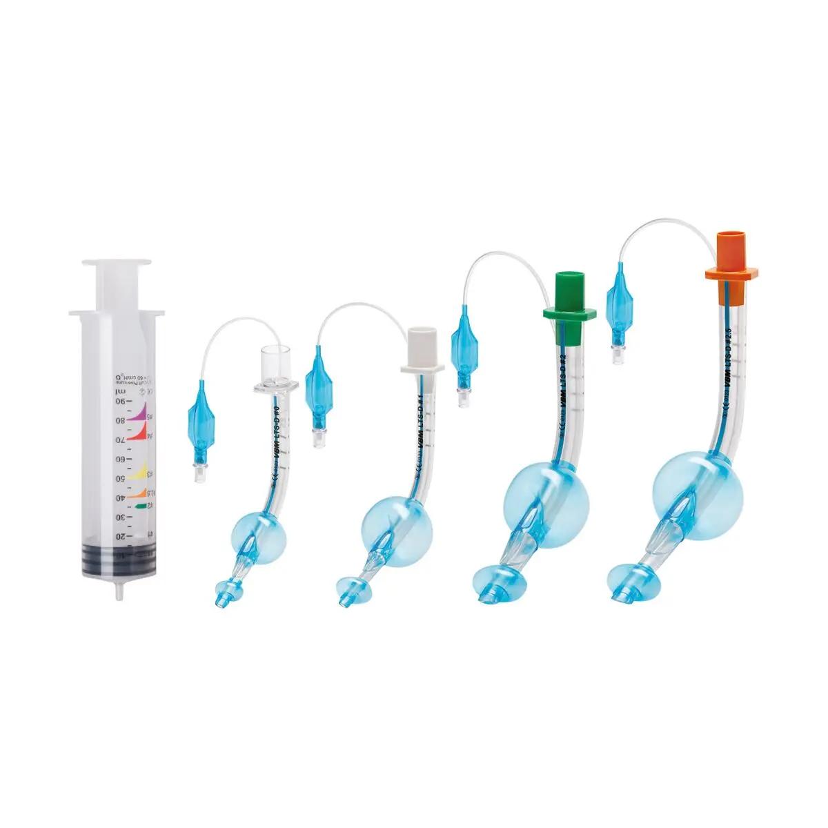 Fünf unterschiedlich große Larynxtubus LTS-D Sets, steril - Kinder, aus PVC, mit farbigen Spitzen und integriertem Drainage- sowie Absaugkanal.