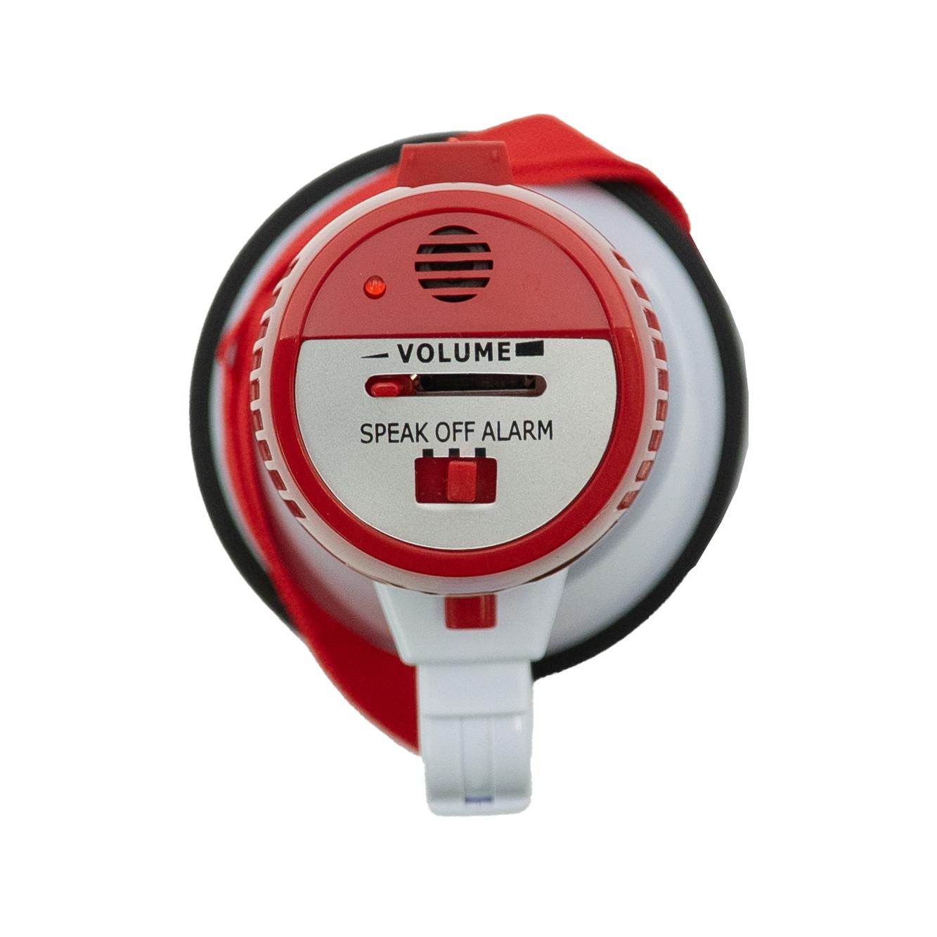 Rotes und weißes Megafon mit silbernem Lautstärkeregler, klappbarem Griff und flexiblem Haltegurt, geeignet für laute Umgebungen.