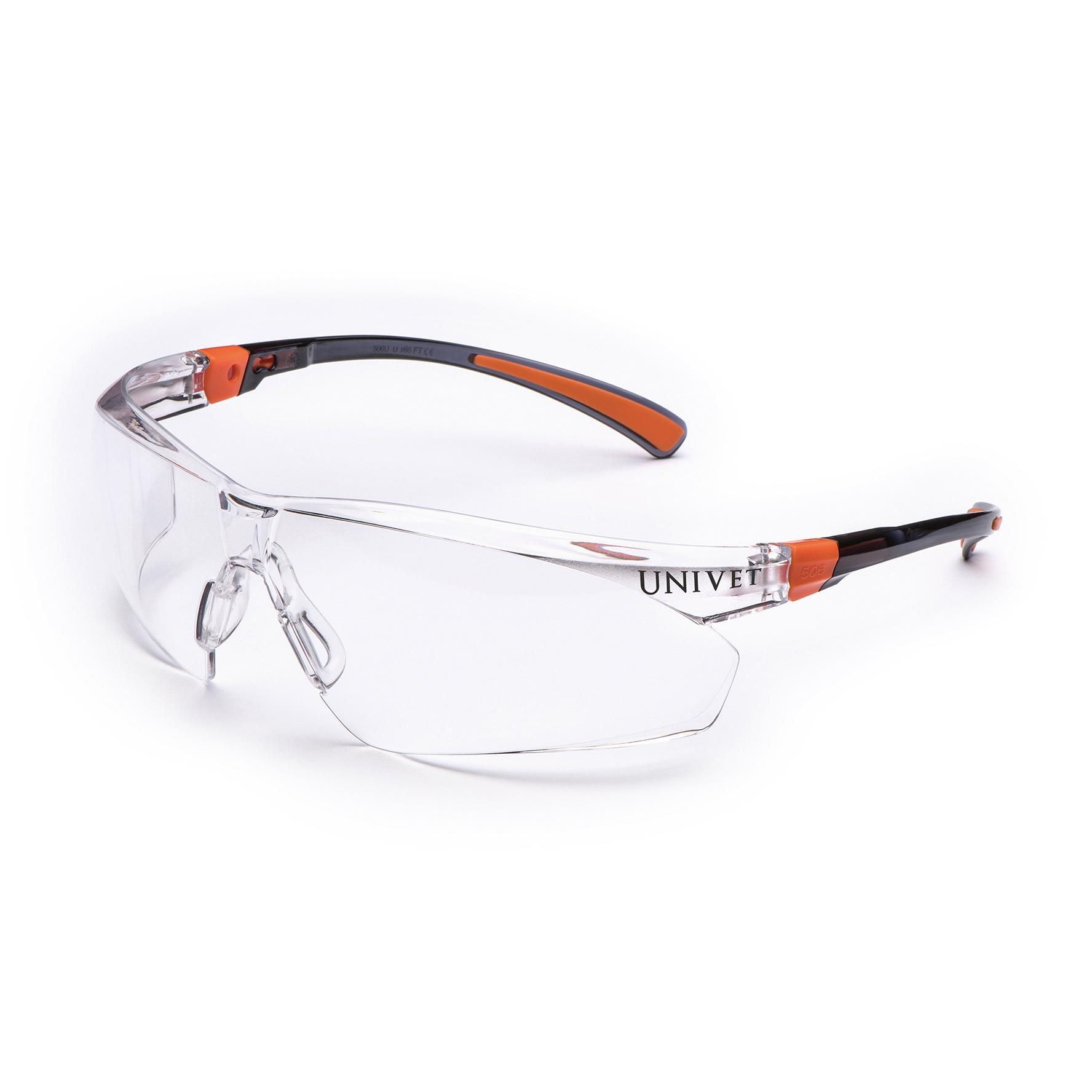 Arbeitsschutzbrille Hyprid - Orange mit schwarzen Rahmen, transparenten Gläsern und auffälligen orangefarbenen Akzenten an den Bügeln.
