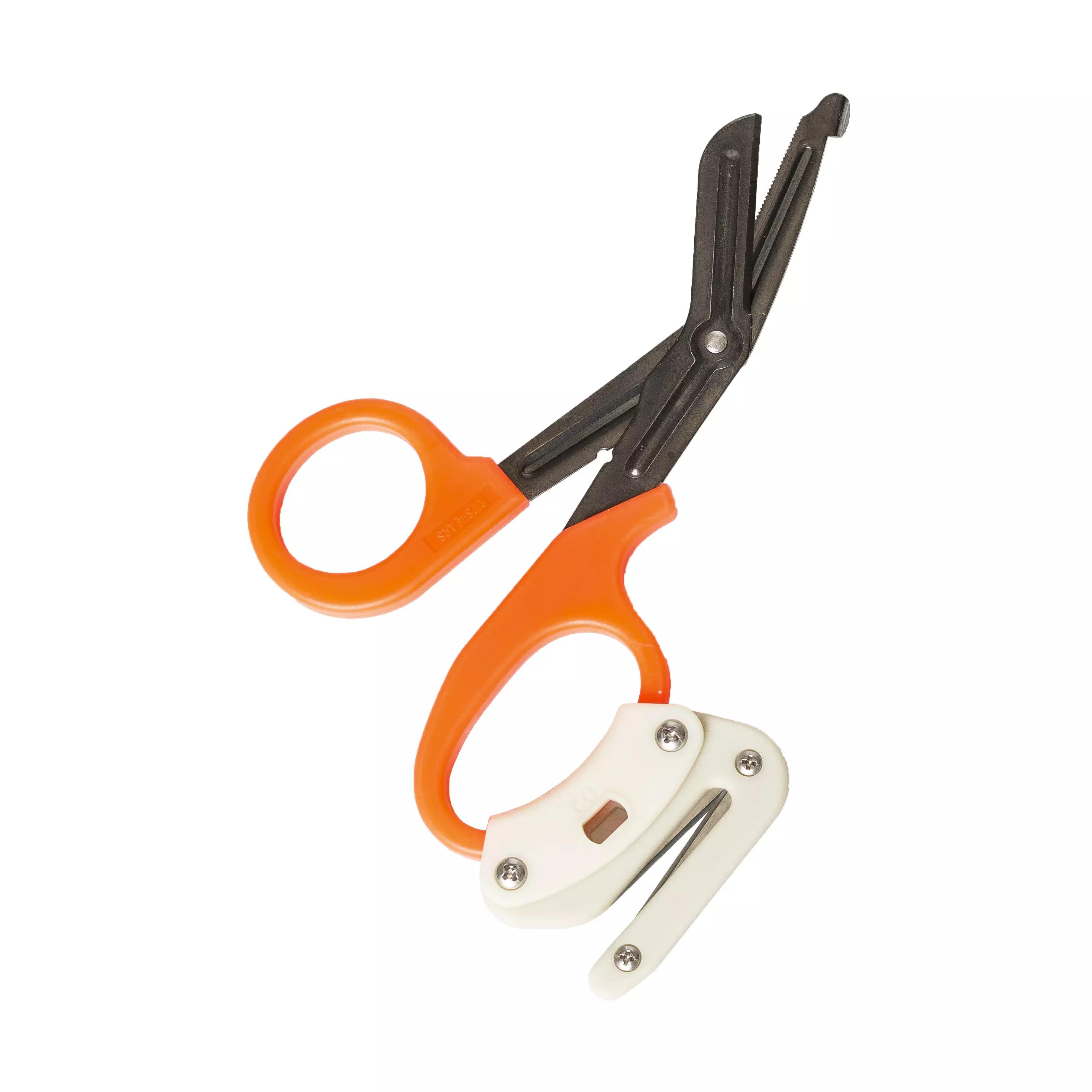 RipShears® Ripper mit Traumaschere - Orange mit mehrfachen, teils geöffneten schwarzen Klingen und ergonomisch orangefarbenen Griffen, dazu weißer Ripper.