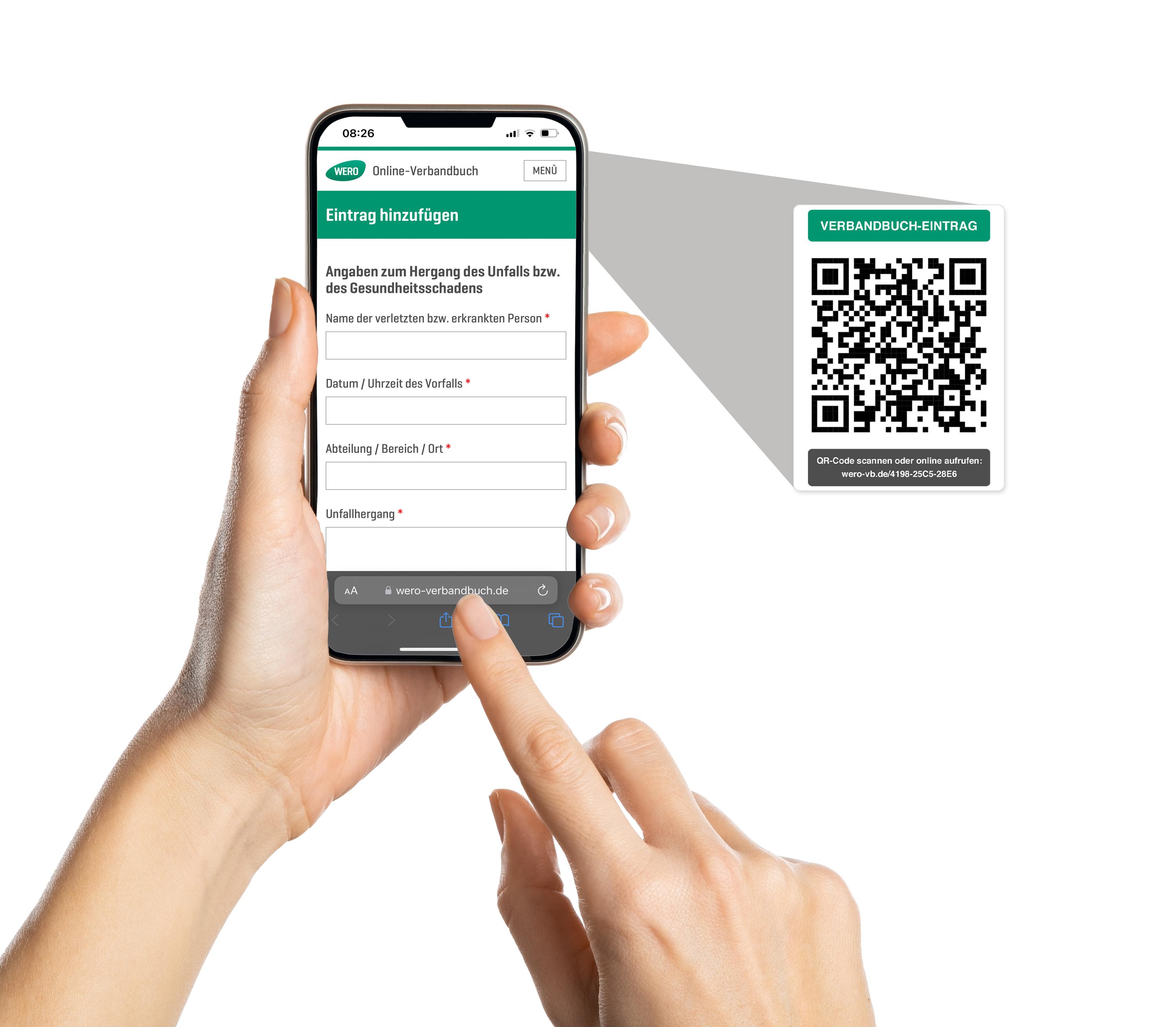 Eine Hand hält ein Smartphone mit einem offenen Formular zur schnellen Verbandbuch-Eintragung per QR-Code im WERO Online-Verbandbuch (Jahreslizenz) - Pro.