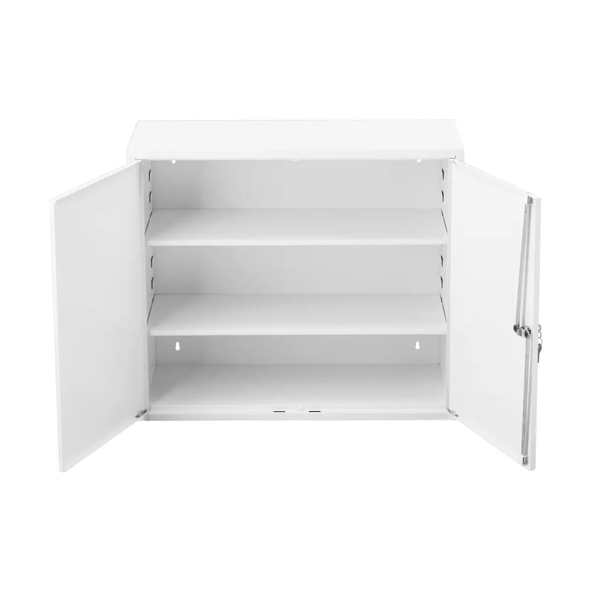 WERO Verbandschrank DuoDoor XL 500, zweitürig und leer, mit zwei verstellbaren tiefen Zwischenböden, geöffnet und schlichte schwarze Griffe sichtbar.