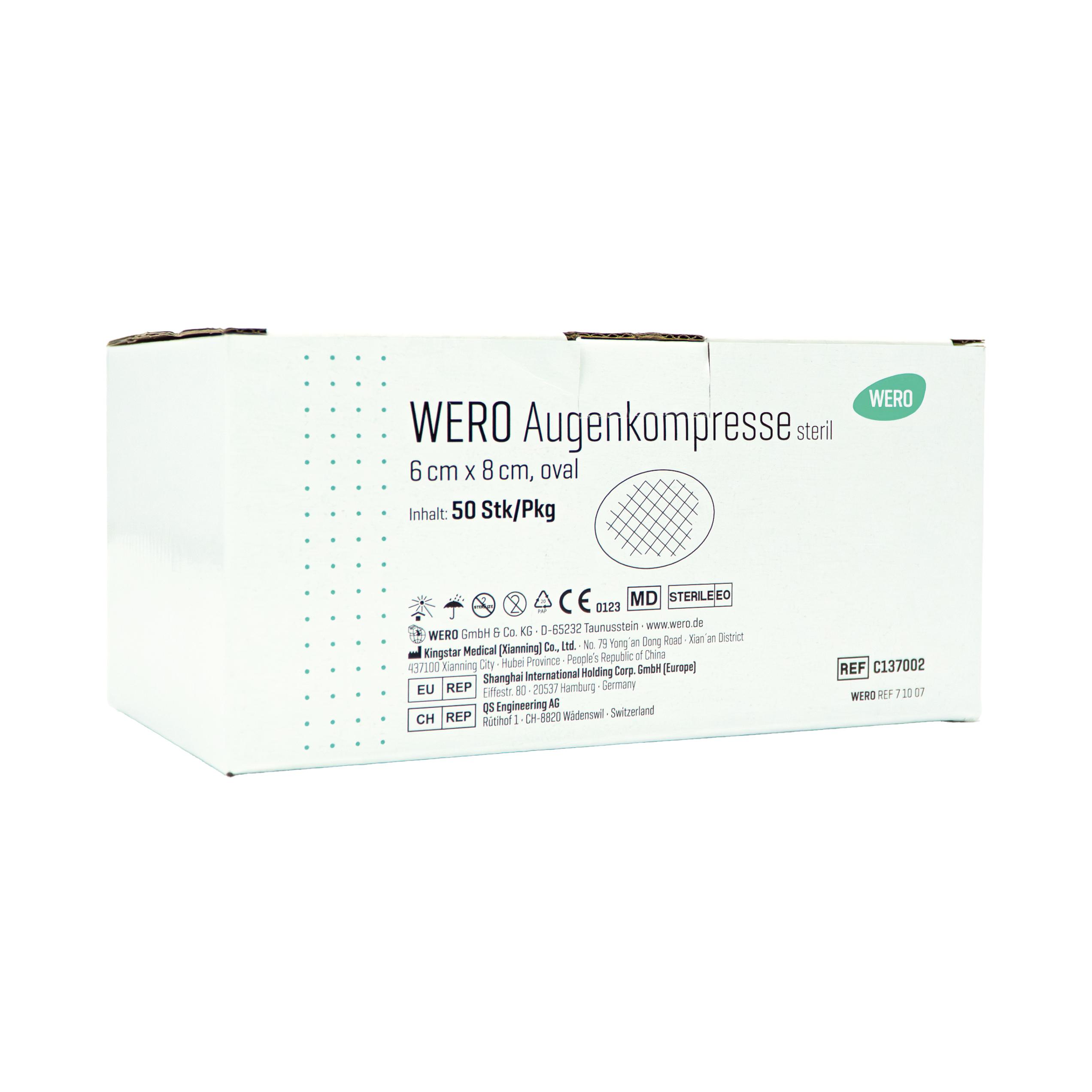 Weiße Box WERO Augenkompresse, steril - 50 Stk mit grünem Logo, oval 6x8 cm, zeigt Herstellerinformationen und CE-Kennzeichnung auf der Vorderseite.
