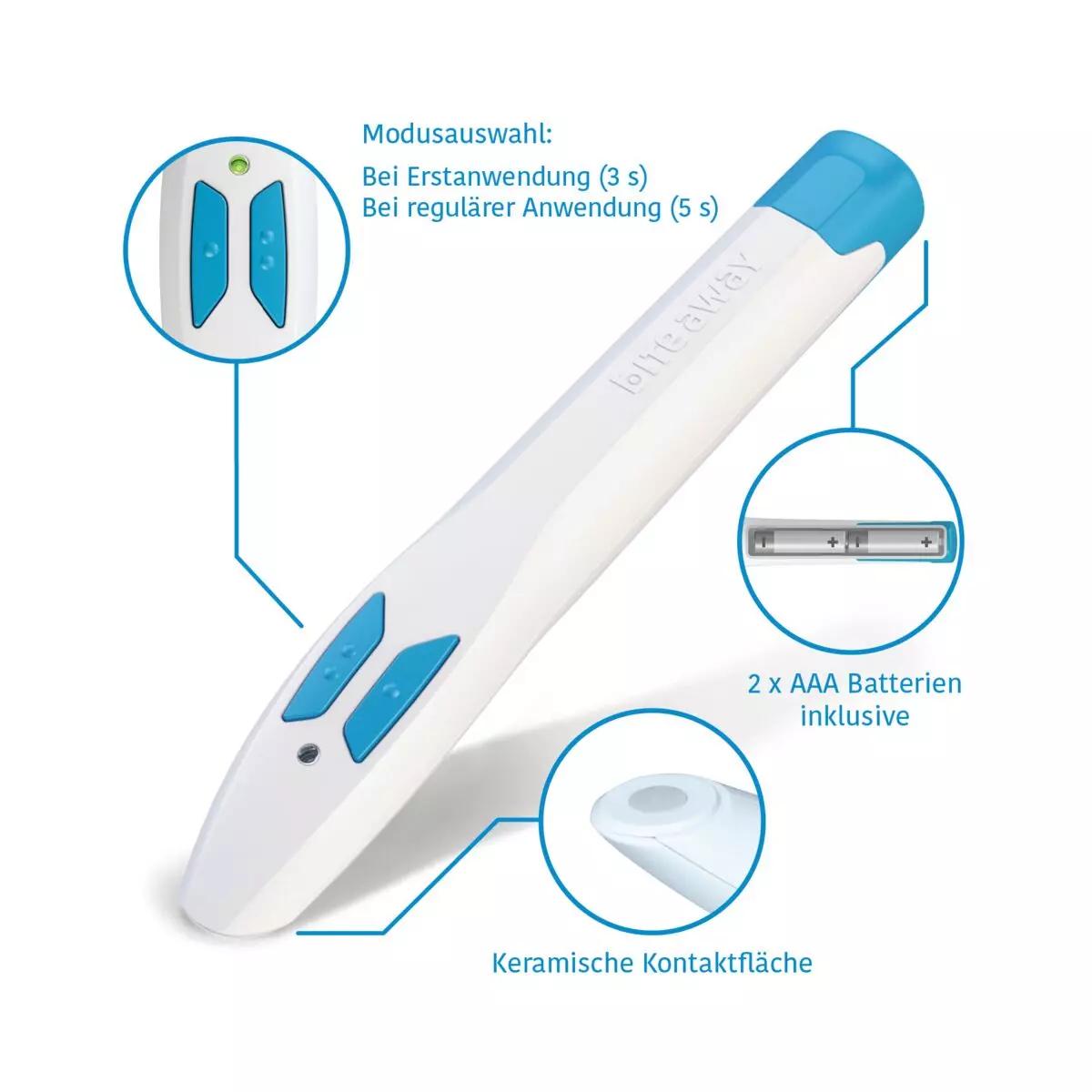 Stichheiler bite away® two mit ergonomischem Design, blauer Bedienung, keramischer Kontaktfläche und AAA-Batteriebetrieb in geöffneter Ansicht.