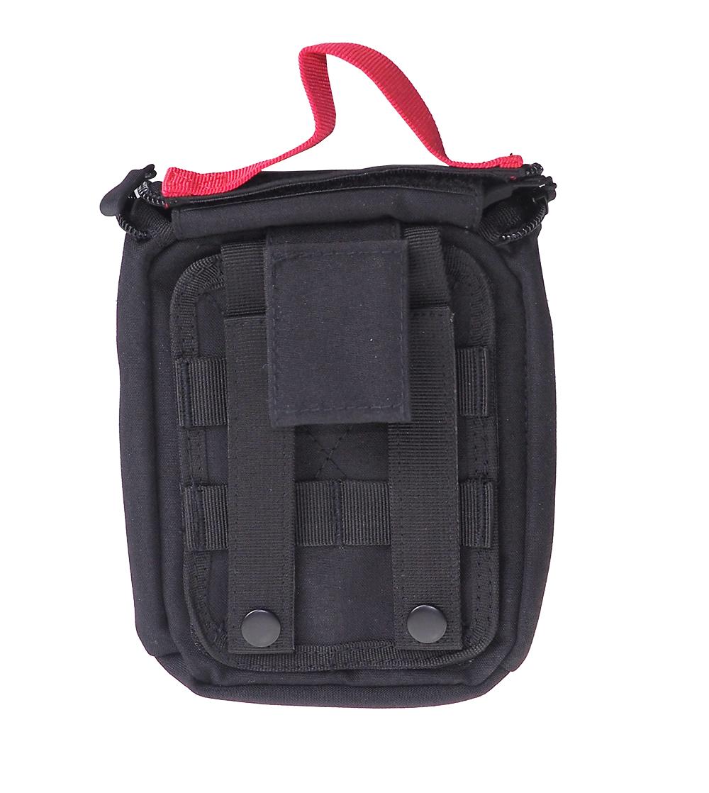 Schwarze Mil-Tec® IFAK Tasche Laser Cut mit rotem Griff, Frontnetzfach, Trageschlaufe und Molle-kompatibler Befestigung.