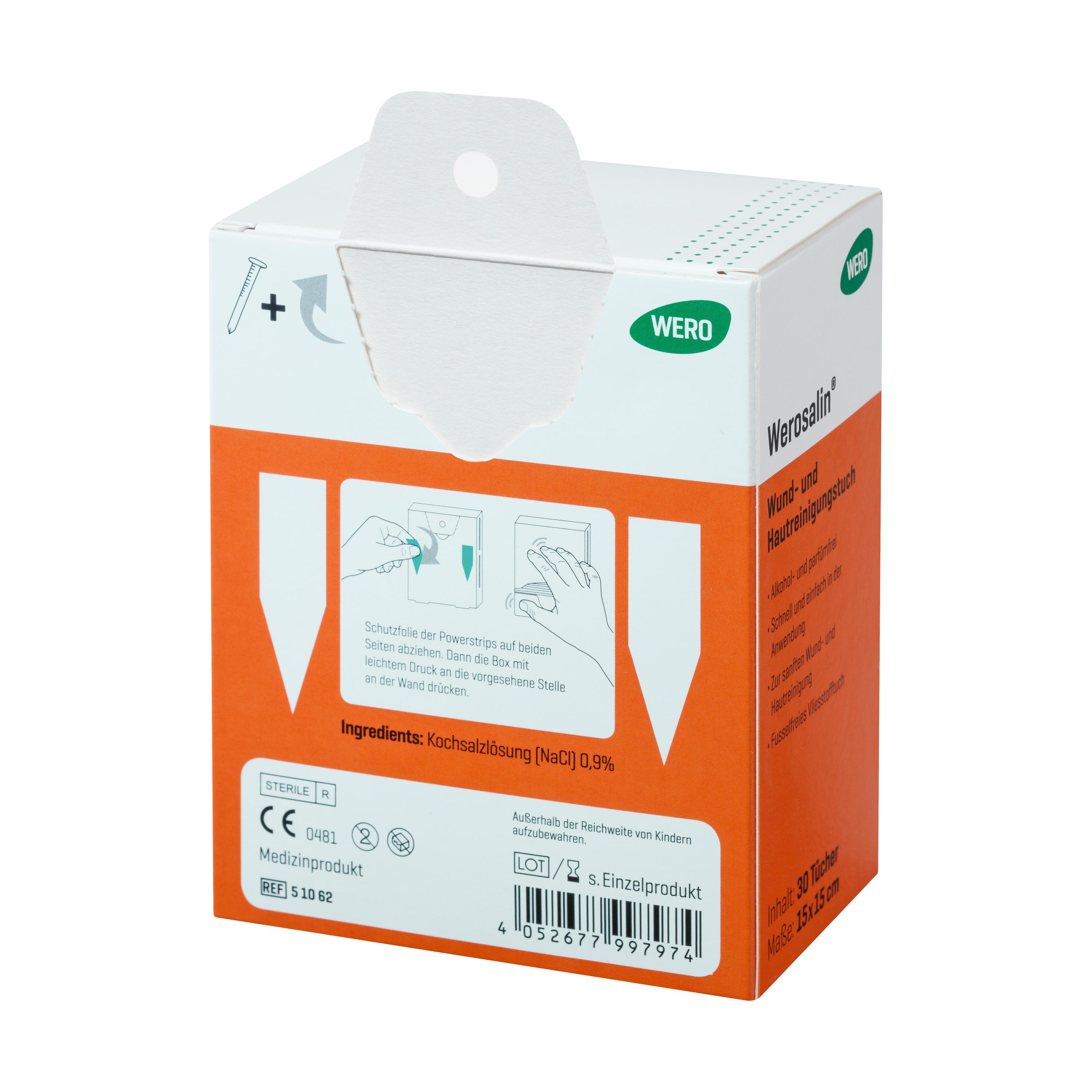 Weiße Box mit orangem Streifen, Aufschrift Werosalin® Wund- und Hautreinigungstuch, 30 Stück, für sanfte und zuverlässige Reinigung von Wunden und Haut.