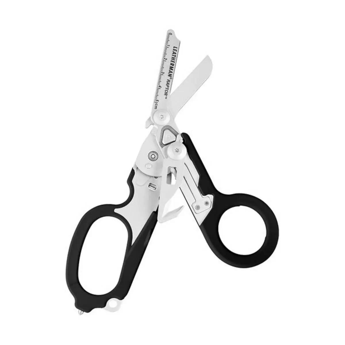 LEATHERMAN® RAPTOR® Rescue - Schwarz mit silbernen Klingen, schwarzem Griff und multifunktionalen Aufsätzen, leicht aufgeklappt dargestellt.