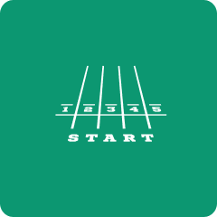 Grafische Darstellung einer Startlinie mit der Aufschrift "START" und den Nummern 1, 2, 3 und 5 auf grünem Hintergrund.