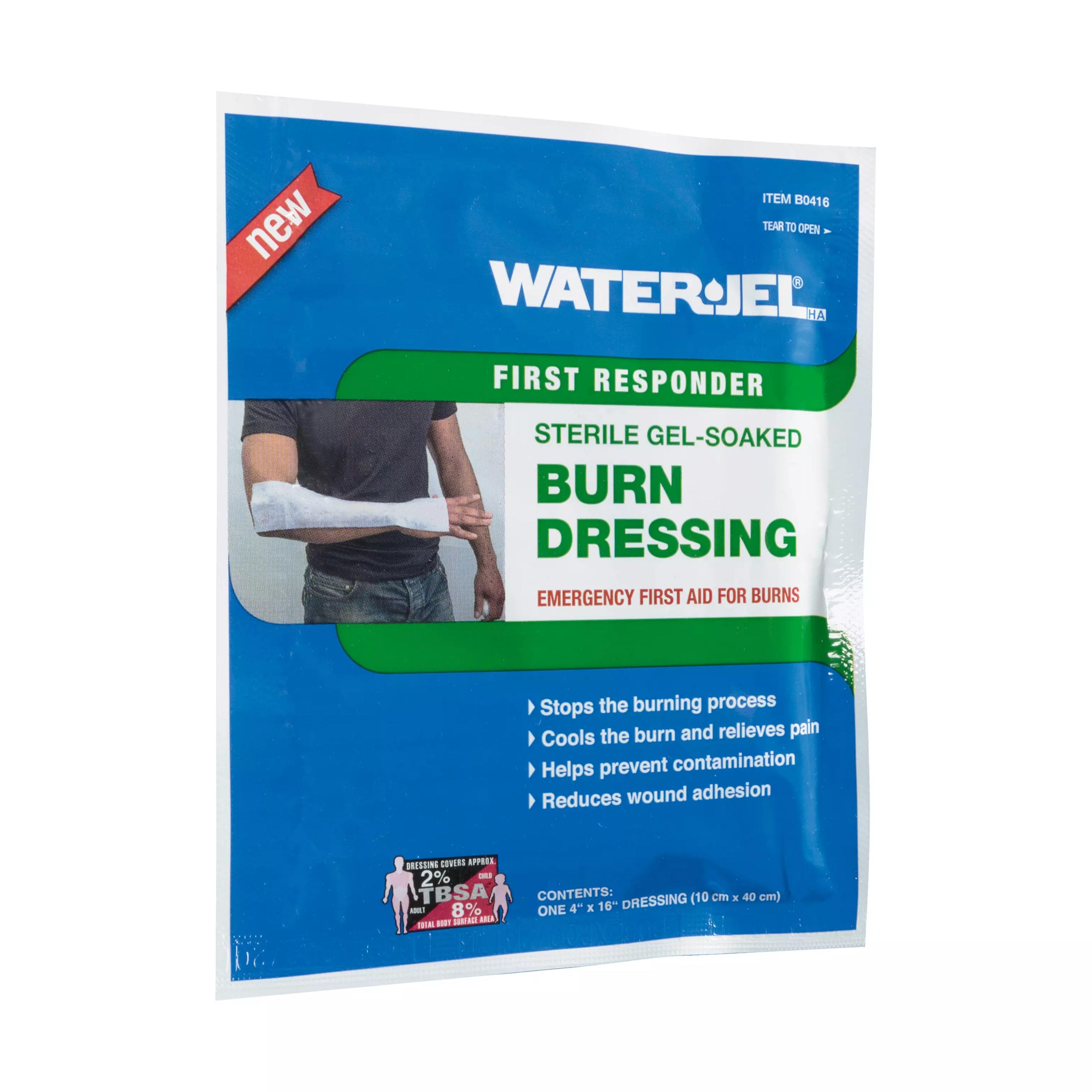 Versiegelte WATER-JEL® HA First Responder Kompressen, steril, gebrauchsfertig zur sofortigen Kühlung und Unterbrechung der Hitzeeinwirkung bei Verbrennungen.