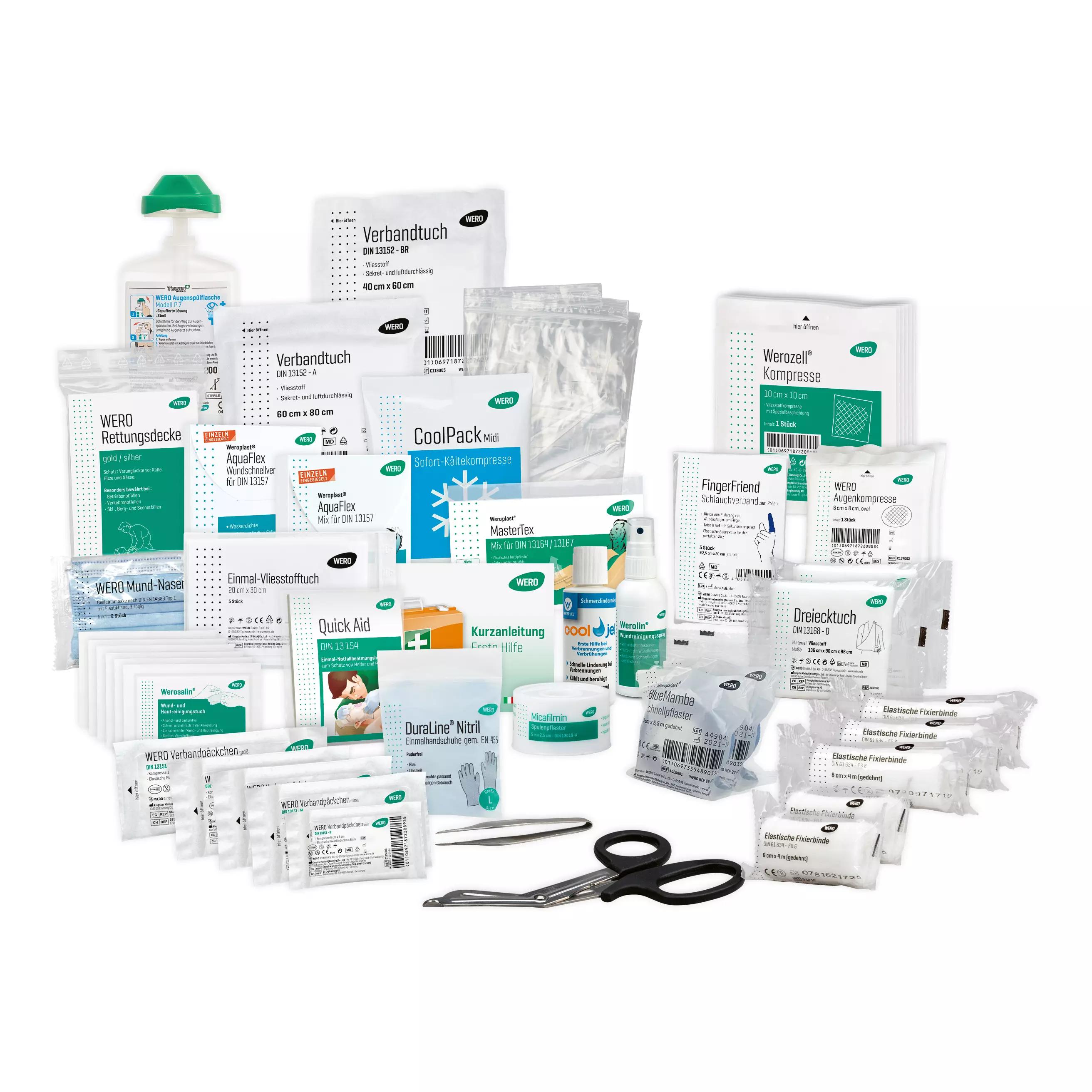 Vielteiliges WERO Erste Hilfe Mobil - DIN 13164 und DIN 13157 Set mit Wundreinigungsspray, Blaue Schnellpflaster und Fingerschlauchverband, sortiert im Koffer.