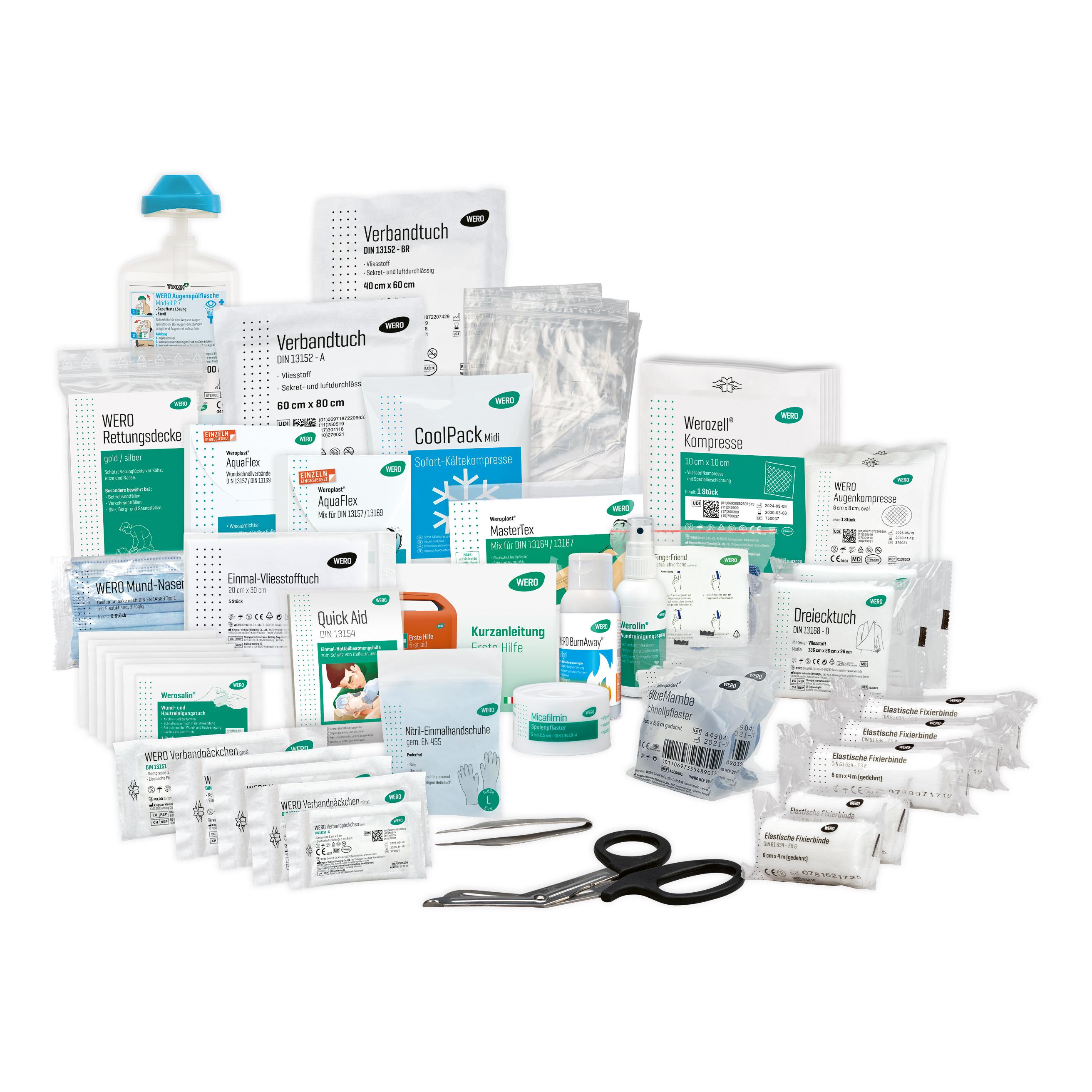 Vielteiliges WERO Erste Hilfe Mobil - DIN 13164 und DIN 13157 Set mit Wundreinigungsspray, Blaue Schnellpflaster und Fingerschlauchverband, sortiert im Koffer.