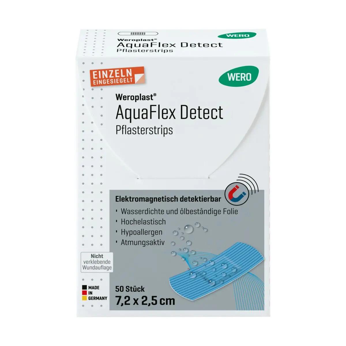 Eine Box Weroplast® AquaFlex Detect Pflasterstrips zeigt blau-weiße, wasserdichte Strips mit detektierbarer Aluminiumfolie und anschmiegsamer PU-Folie.