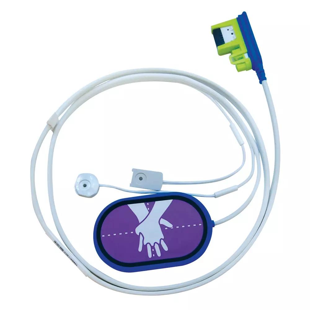 Kabel mit Feedbacksensor für CPR Uni-padz Trainings-Elektrode, ovales Monitorgerät mit weißem Kabel, blau-grünem Stecker und flexiblem Sensoraufsatz.